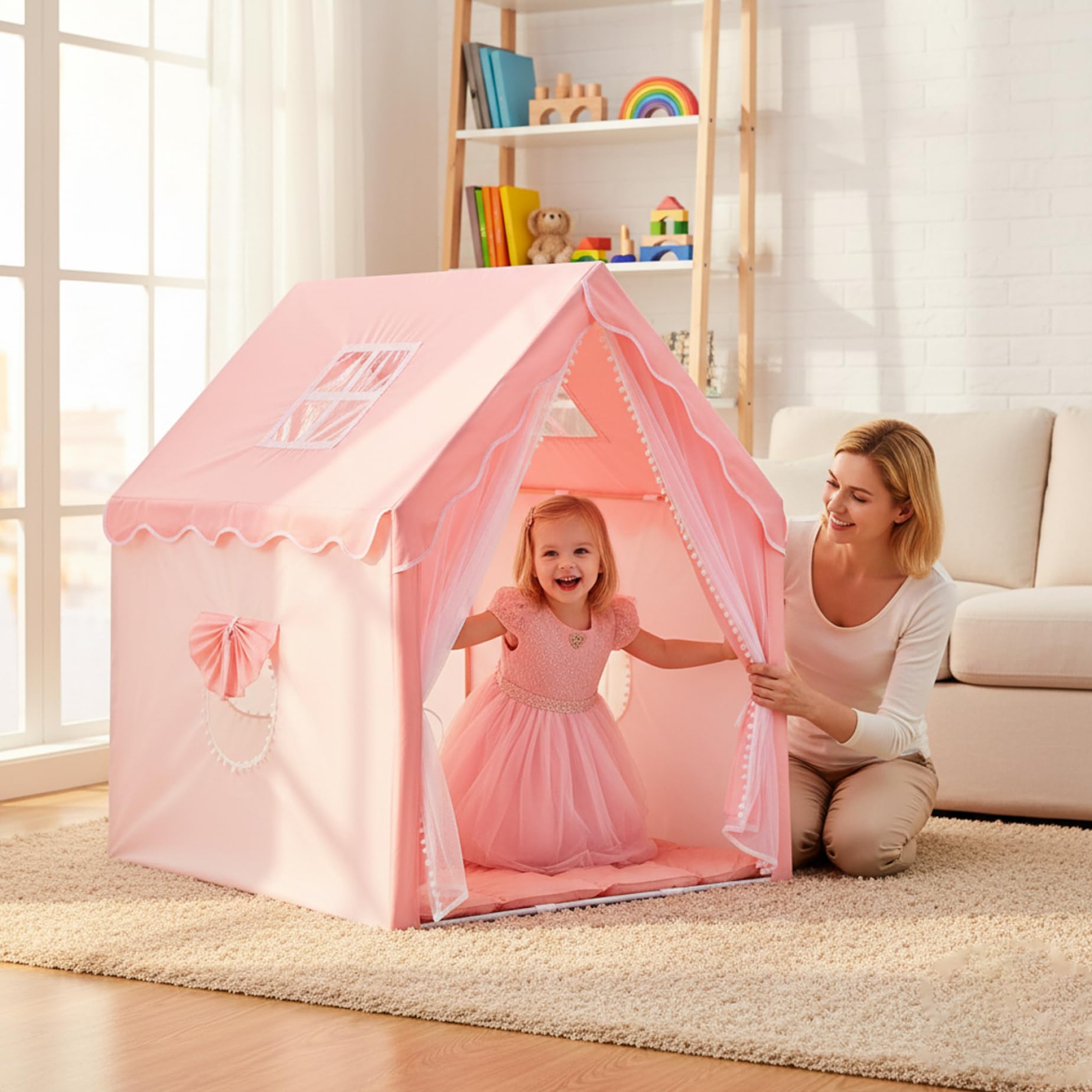 Kinderspielzelt für den Innenbereich, Prinzessinnen-Spielhaus mit Wolkendekor, geräumiges, faltbares Innenzelt, ideal für fantasievolles Spielen für Mädchen und Jungen