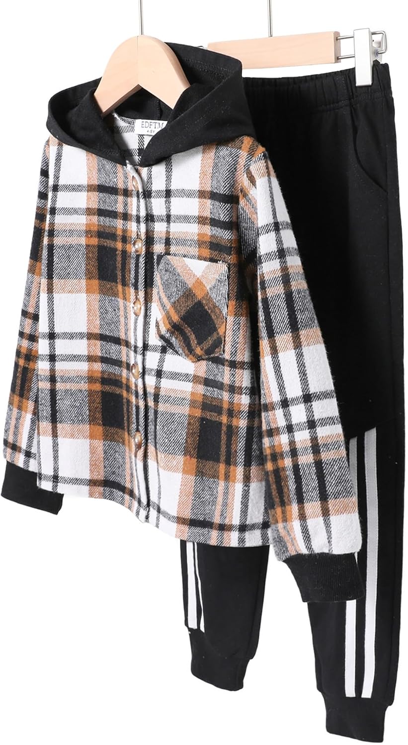 2Pcs Kids Boys Sweatsuit Hoodie Flannel Plaid Shirt Tops and Jogger Pants for Kids Fall Winter Spring Outfits - Image 3