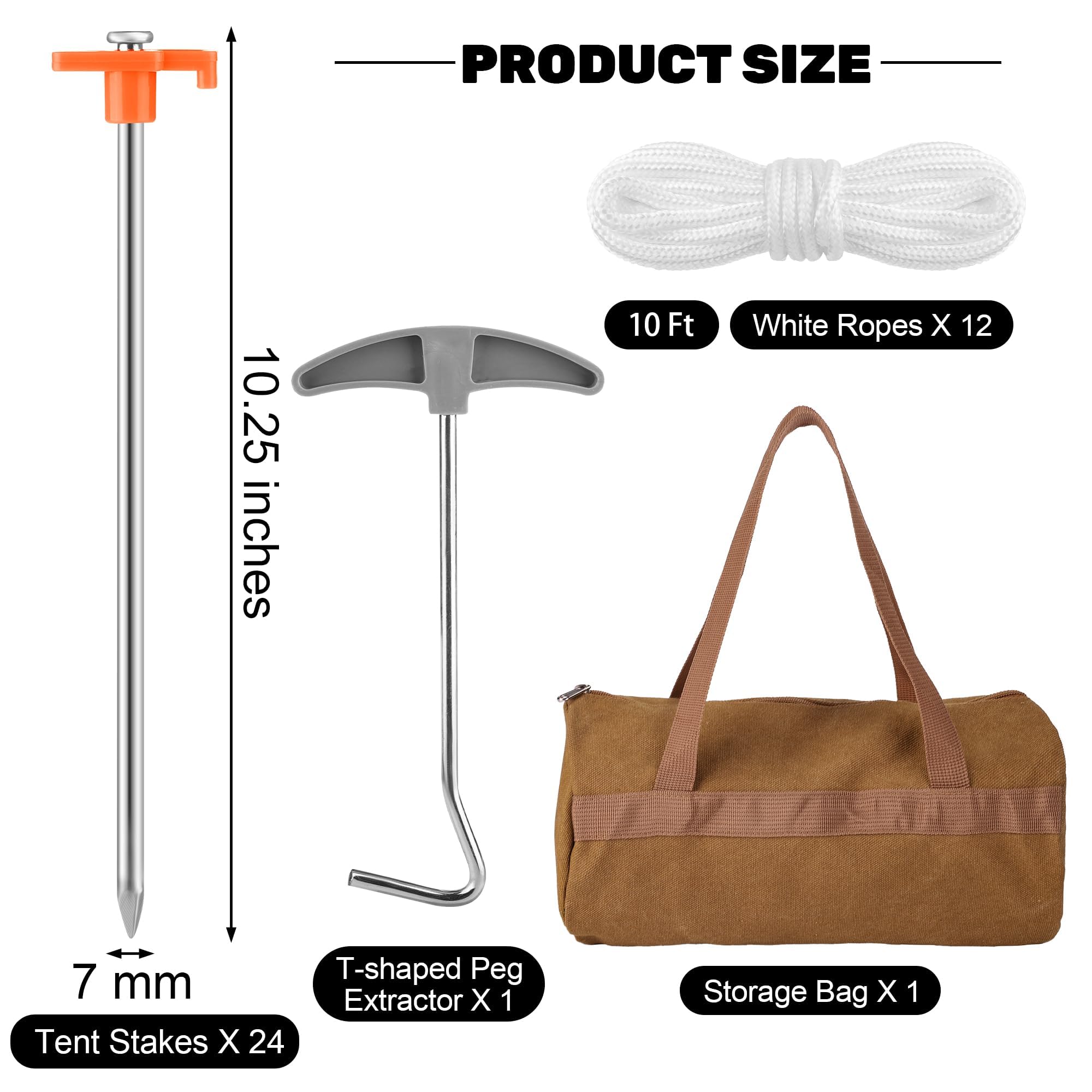 Aodaer 24 Pack Tent Stakes Heavy Duty Tent Pegs 10.25 Inch Non-Rust Metal Yard Stakes with 4x10ft Ropes and Storage Bag Inflatable Stakes for Gardening & Canopies, Camping Halloween Christmas, Orange