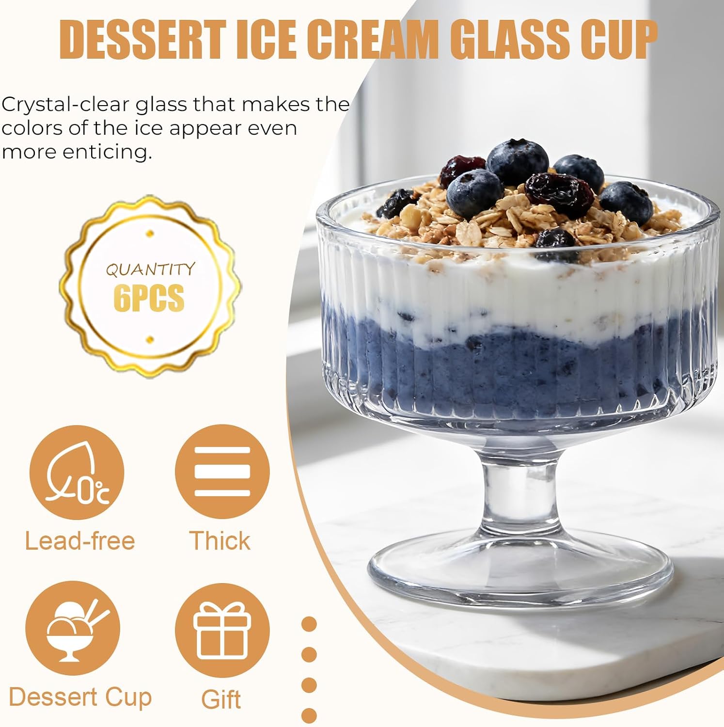 Set of 6 Glass Dessert Bowls, 6.09oz Stylish Stemmed Bowls, Perfect for Fruit Salads, Puddings and Appetizers, Durable, Easy to Clean, Stackable Modern Design