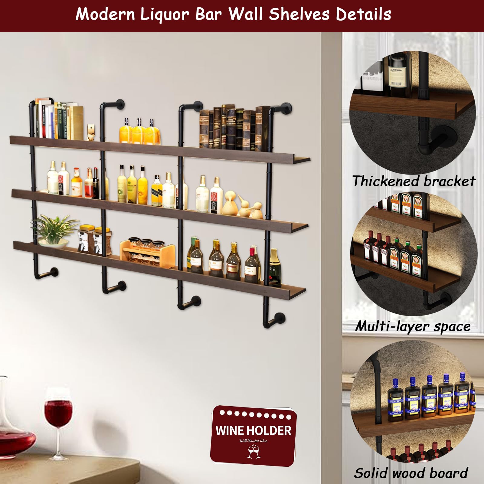 Appeso Mensola Da Muro - Soffitto Portabottiglie Vino, Espositore Da Bar Industriale, Supporti Per Piante In Legno Massiccio In Ferro Battuto, Mensole Multifunzione Per Decorazioni Murali ( Color : Bl