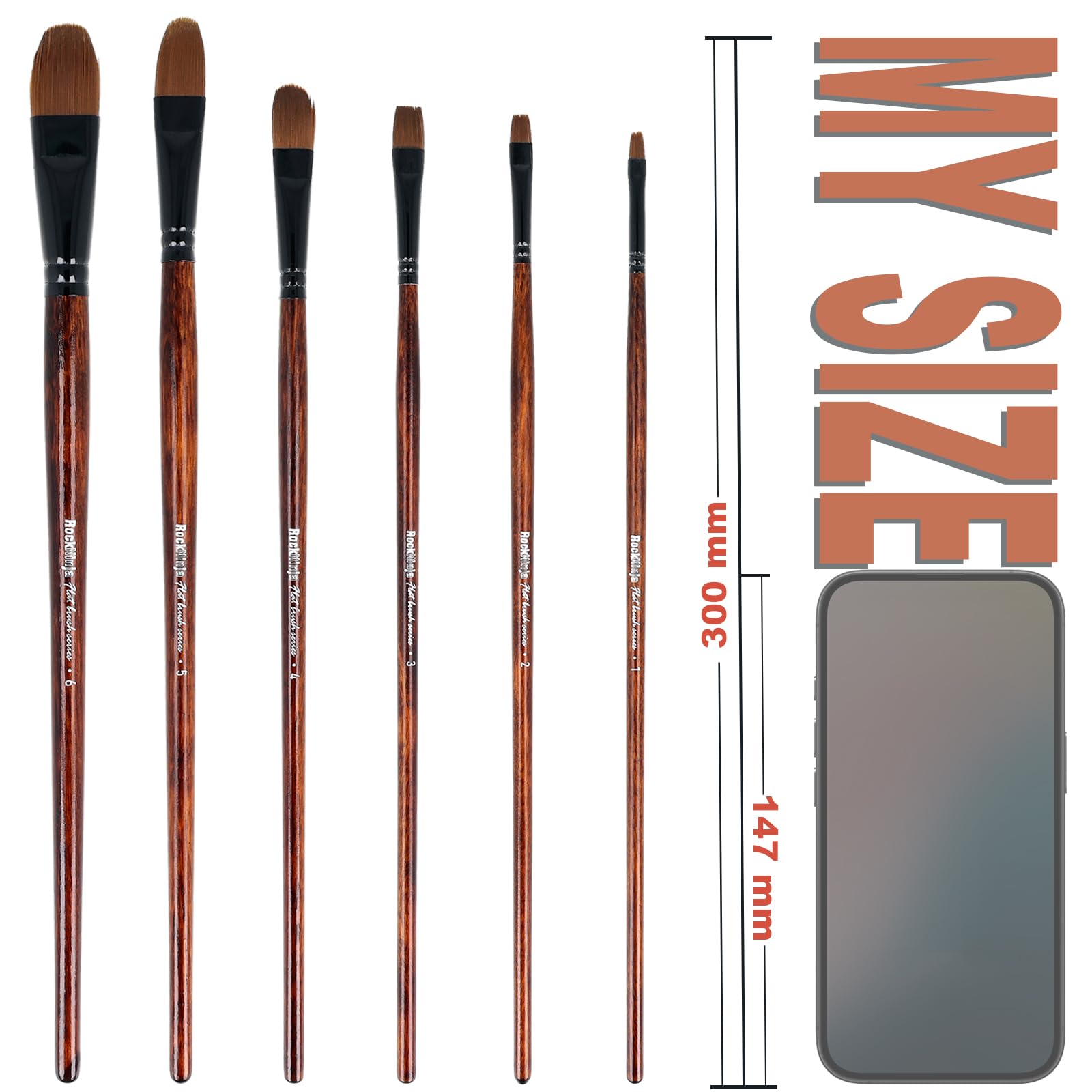Art Set di pennelli per pittura, ideali per acrilico, olio, gouache, colori del corpo creativi e pittura acquerello, 6 pezzi, manico lungo in legno, Filbert Brushes (nylon Hair) (6
