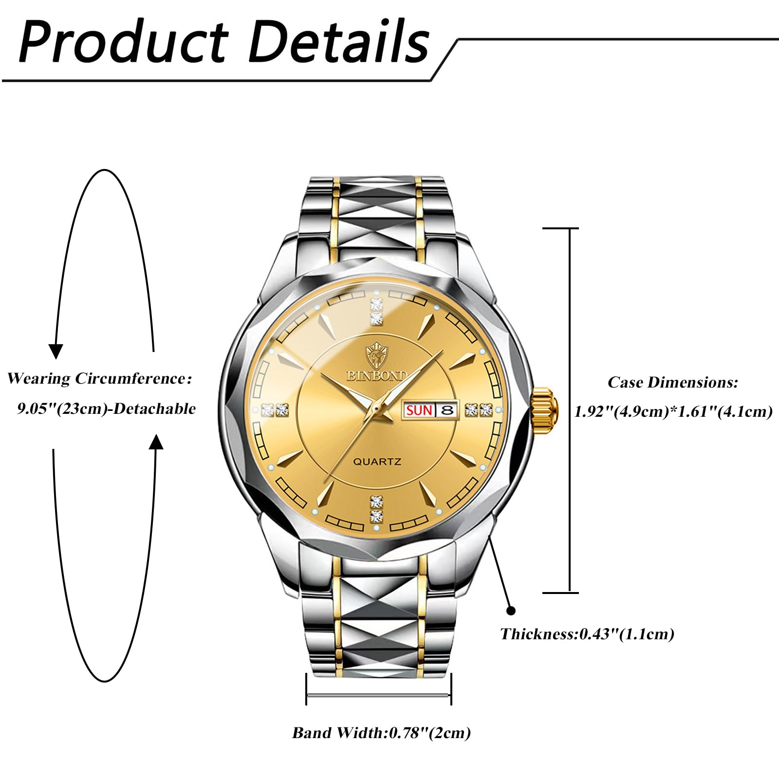 JewelryWe Paar Uhren Quarz Analog Partner Freundschafts Armbanduhr Datum Kalender Edelstahl Armband Uhr mit Beleuchtenden Zeiger und Strass rundem Zifferblatt, Geschenk für Herren Damen, Gold