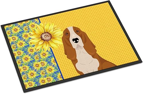 Caroline's Treasures WDK5326JMAT - Tapete tricolor con diseño de girasoles de verano rojo y blanco de Basset Hound de 24 x 36 pulgadas, tapete para disponible en Yaxa Colombia