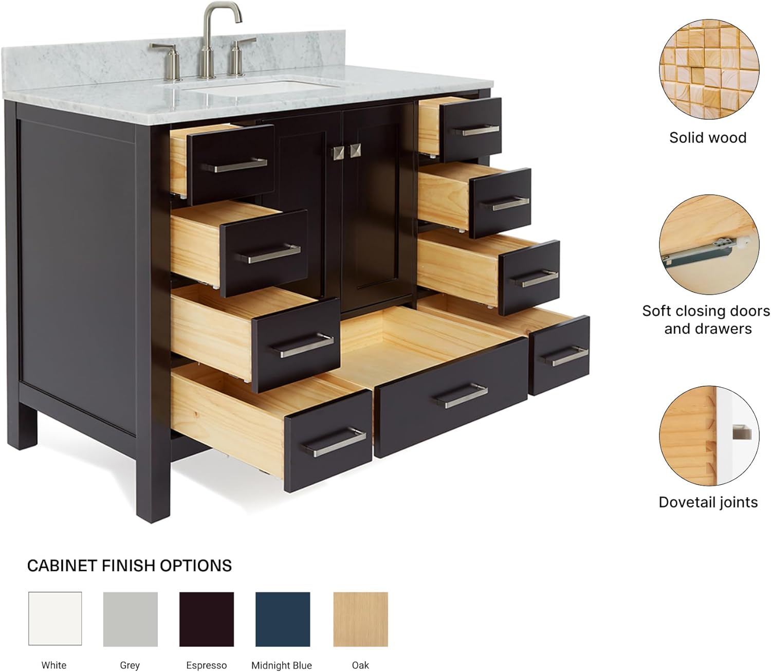 ARIEL Cambridge 42-inch Bathroom Vanity with Sink,Solid Wood, 0.75-inch Italian Carrara Marble Countertop, Single Rectangular Porcelain Sink, 2 Soft Closing Doors, 9 Dovetail Drawers, Espresso
