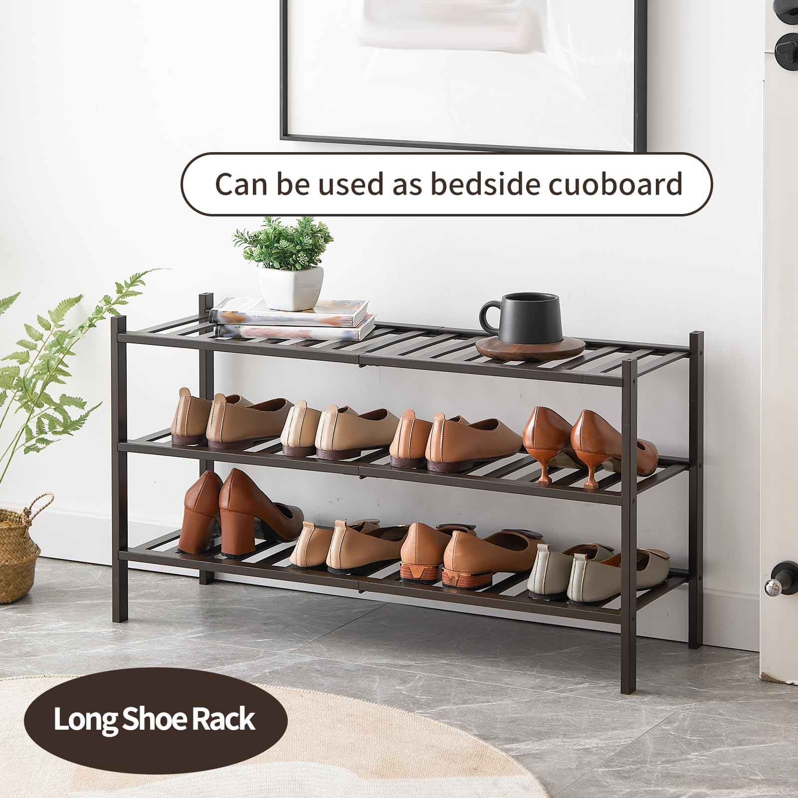 Langes Schuhregal, 3-stöckiges Bambus-Schuhregal, stapelbar, Schuhregal, Organizer, Schuhständer für Schrank, Eingang und Flur