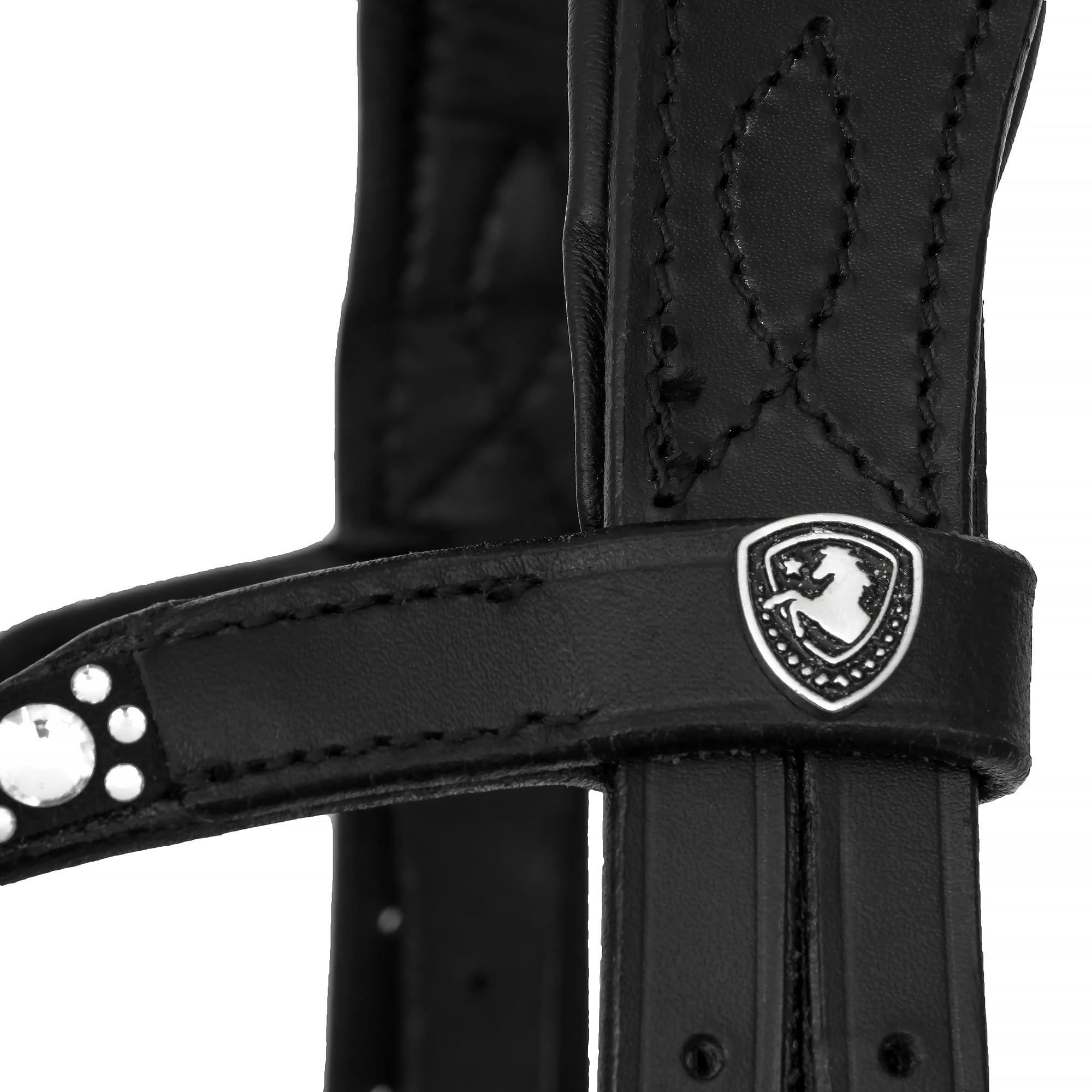 Ledertrense mit Kristallen Anatomisch gepolstert Komplettes Set inkl. Zügeln Elegantes Stirnband Komfort Pferd Schwarz Silber Full Warmblut