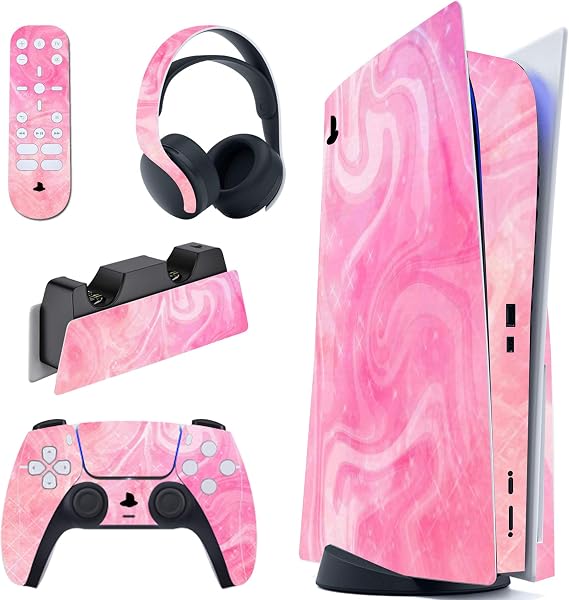 PlayVital Psychedelic Pink Full Set Skin Decal for ps5 Console Disc Edition,Sticker Vinyl Decal Cover for ps5 Controller & Charging Station & Headset & Media Remote - 1