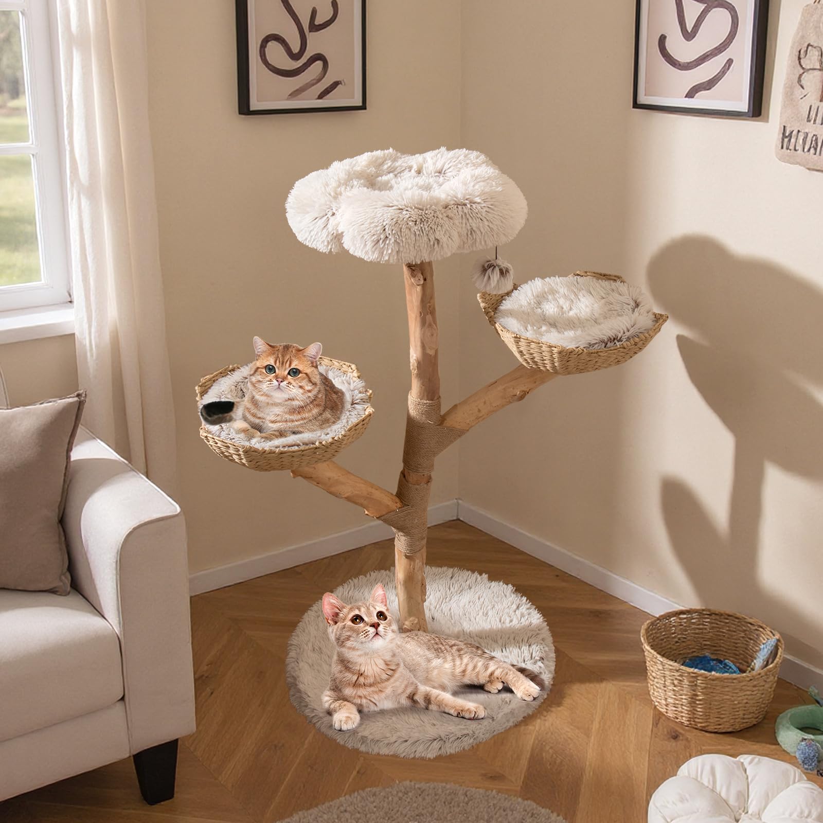 COSTWAY Rascador para Gatos, Árbol para Gatito Moderno de Madera Maciza, 122 cm Torre Gatos Rascador con Plataforma Forma de Flores, 2 Nidos con Cojines, Poste de Yute, Bola Colgante, Blanco y Natural