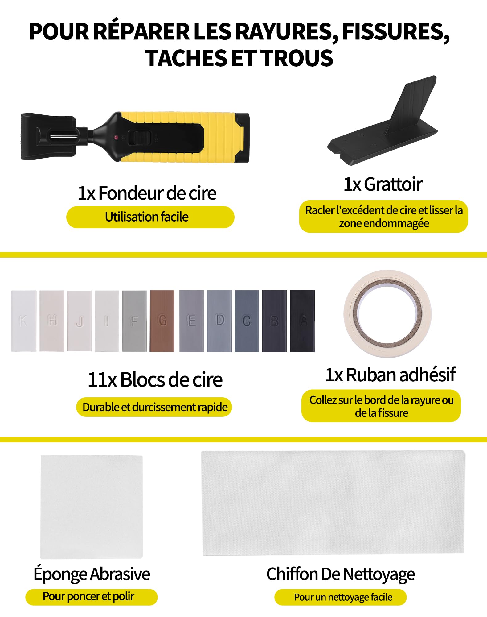Lot de 15 kits de réparation de sol en vinyle, vinyle PVC et plastique - Kit de réparation pour parquet stratifié, parquet, bois et vinyle, 11 couleurs - Cire dure