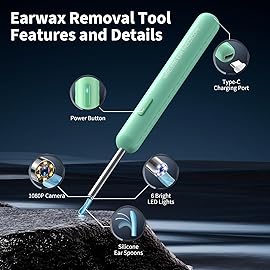Ear Wax Removal, Ear Cleaner with Camera and Light, Ear Wax Removal Kit with 8 Pcs Set, Ear Wax Removal Tool Camera with 1080P, Ear Cleaning Kit with 6 Spoons, Ear Camera for iOS & Android (Green)