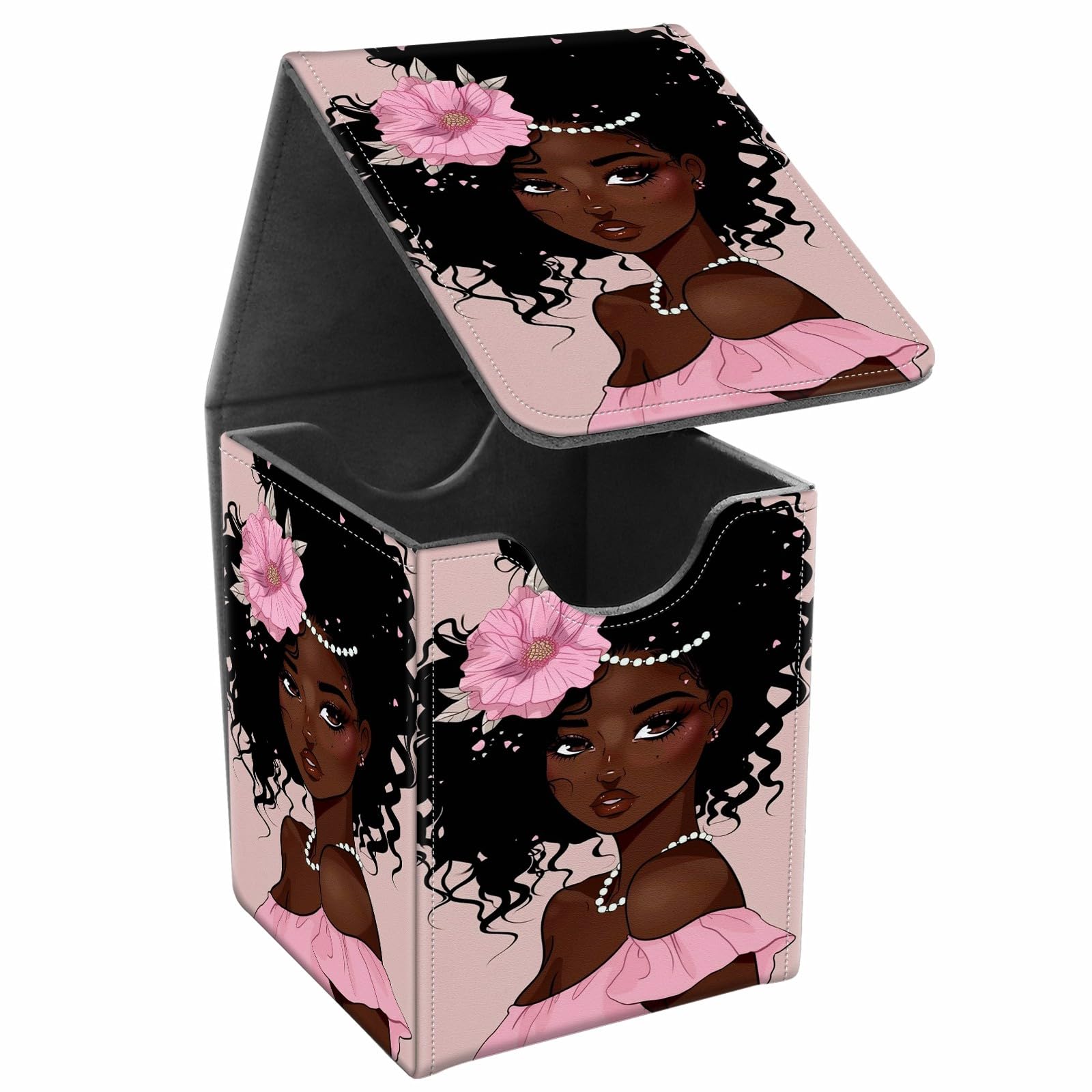 JANENFNA Card Deck Box, Card Storage Box Fits 100+ Single Sleeved Cards, Large Capacity PU Leather Card Storage Box with Strong Magnet for Magic Commander TCG CCG, African American Afro Women