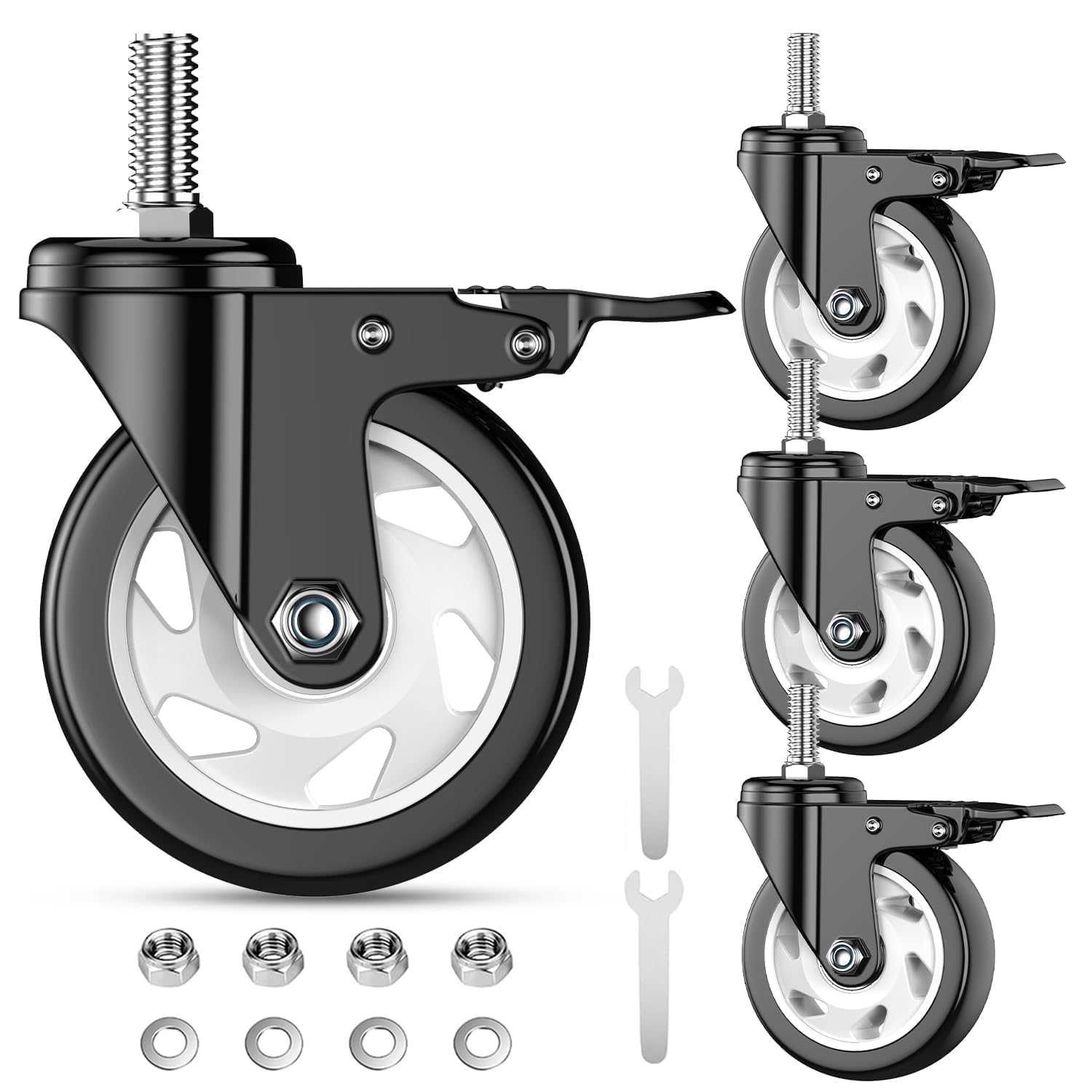 Sohnvwtgd Black+White-3/8"-16X1" 4 Inch Threaded Stem Casters Set Of 4 Heavy Duty 2000Lbs,3/8"-16 X 1(Stem Diameter 3/8", Stem Length 1"), Swivel Casters Set Of 4, Casters, Industrial Castor Wheels For Cart,Furniture