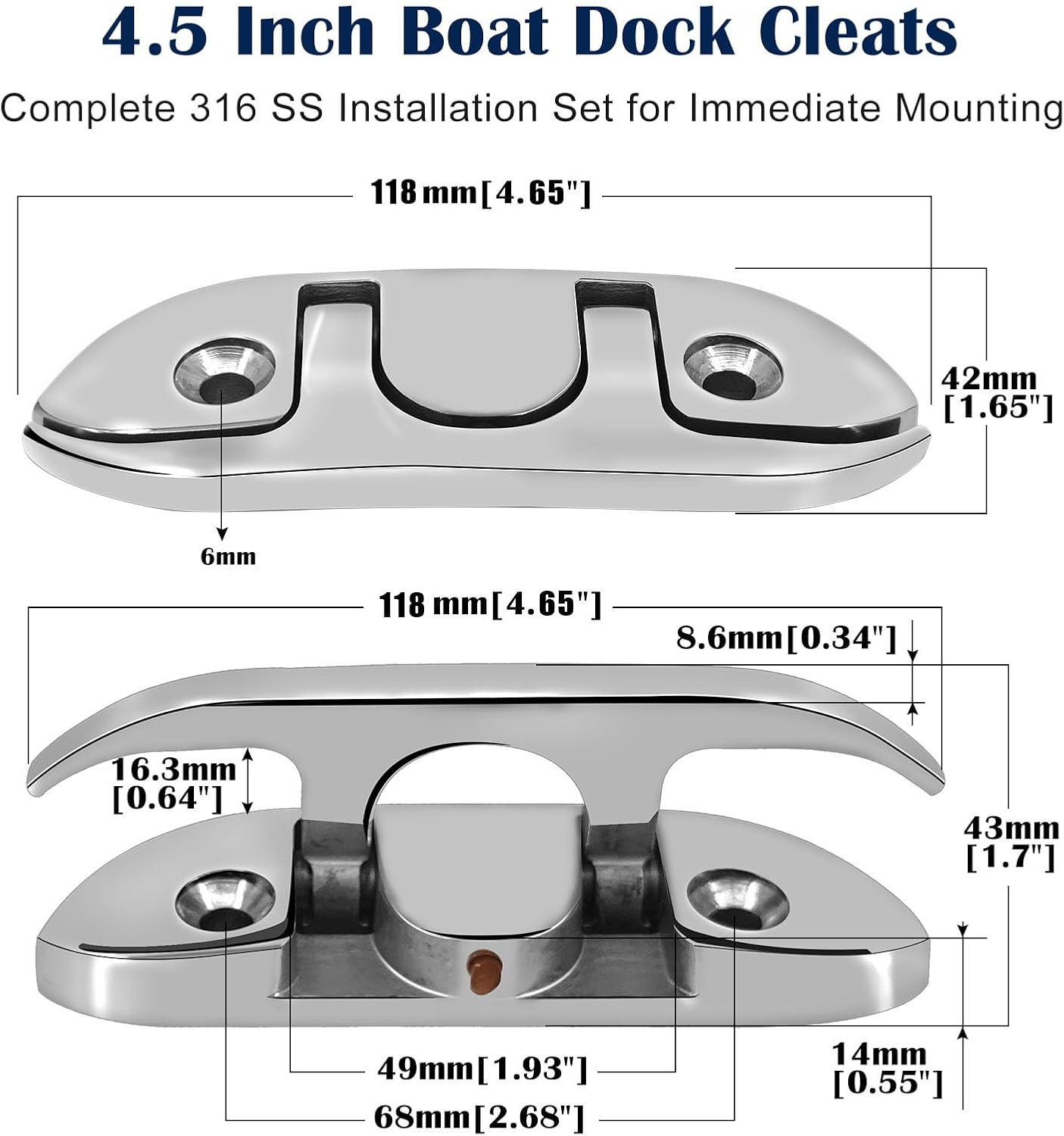 4.5 Inch 316 Stainless Steel Folding Boat Cleat Heavy Duty 4-1/2'' Flip-Up Cleats Dock Silver Marine Grade Push-Pull Cleats with Mounting Kit - 2 Pack