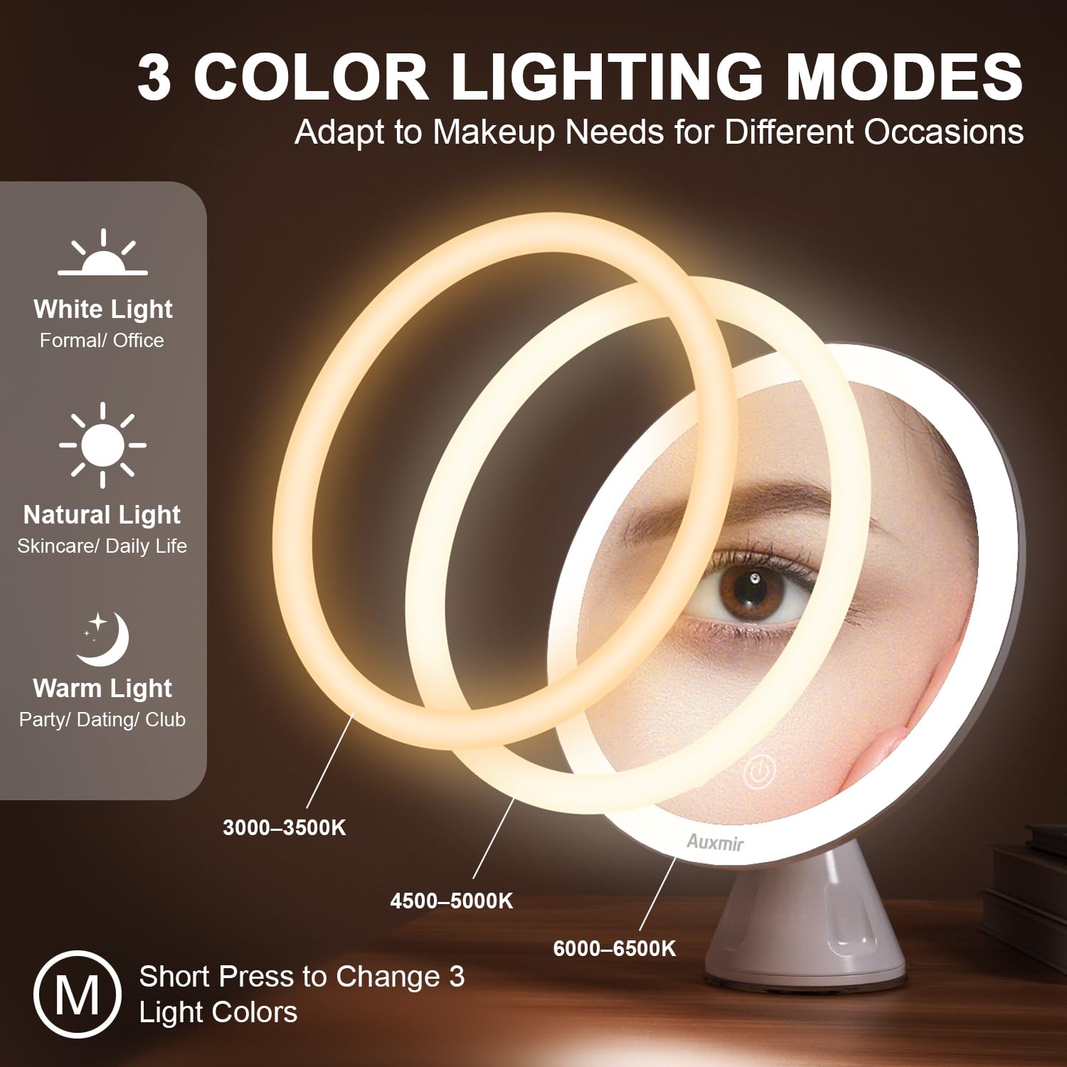 Auxmir Powiększające lustro do makijażu x10 ze światłami LED podświetlane przenośne lusterko łazienkowe, lustro z przyssawką obracane o 360°, białe