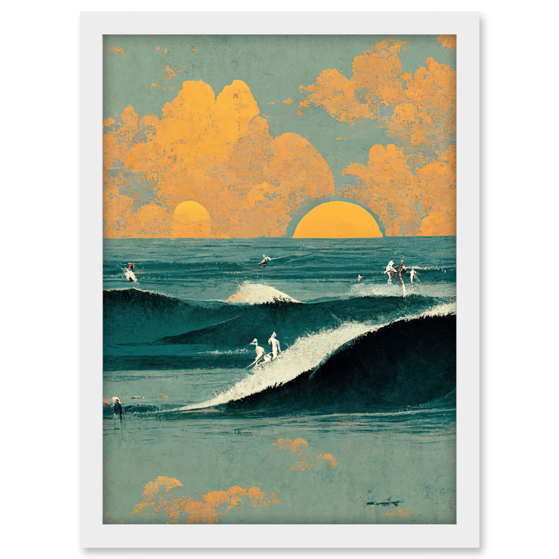 Wee Blue Coo Surfers Surfing Chasing Waves at Sunset Teal Mustard Abstract Oil Paint Artwork Framed A3 Wall Art Print
