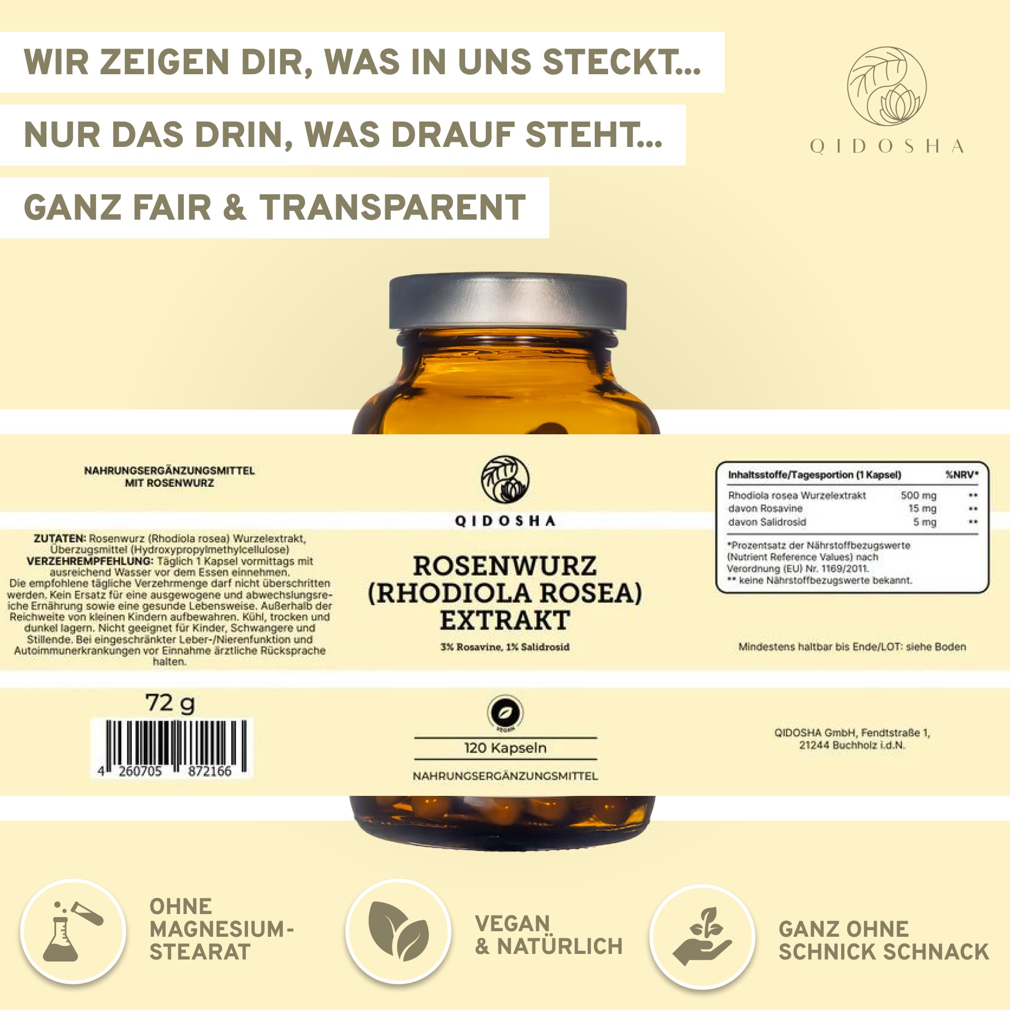 QIDOSHA® Rosenwurz (Rhodiola Rosea) Extrakt, testierter Wirkstoffgehalt, 120 Kapseln im Apothekerglas, jede Charge laborgeprüft, deutsche Fertigung