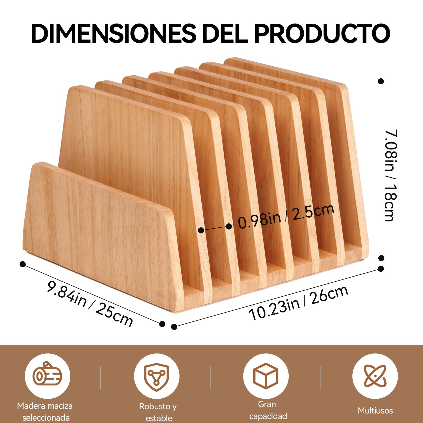 KIRIGEN Archivador Madera, Organizador Escritorio, 7 Ranuras, Natural | Madera maciza de paulownia, 26,3 x 25,2 x 18 cm; artesanal, acabado con aceite vegetal, montado y con bases antideslizantes