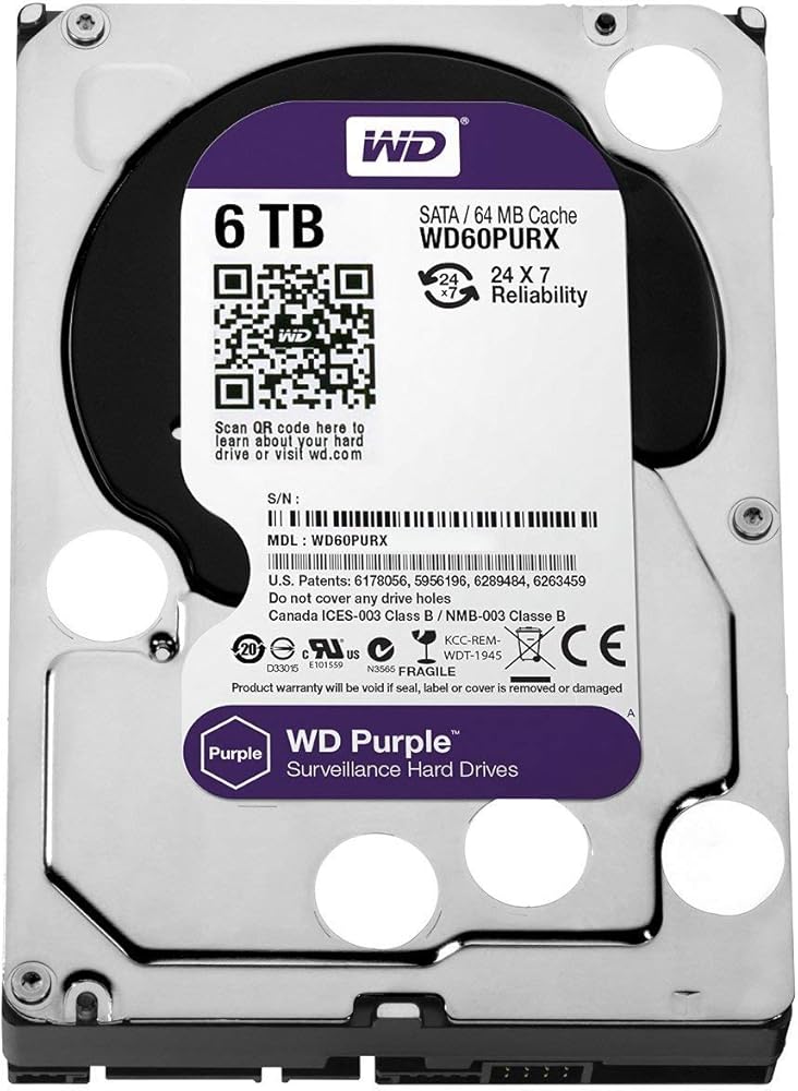 WD Purple 6TB Surveillance Hard Disk Drive - 5400 RPM Class SATA 6 Gb/s 64MB Cache 3.5 Inch - View 1