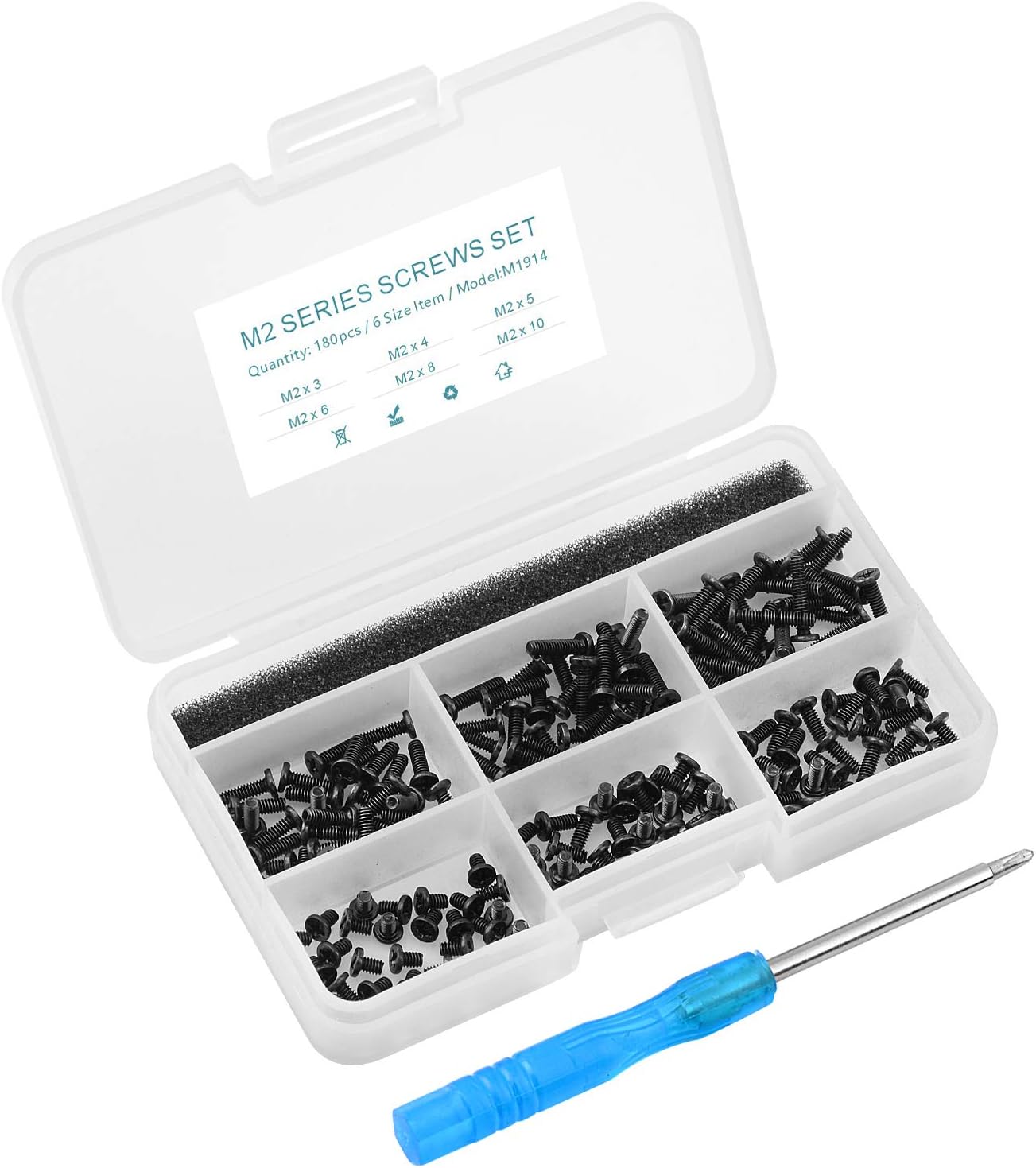 180Pcs M2 Laptop Repair Screw Kit,6 Sizes（M2x3/4/5/6/8/10mm，for SSD HDD DVD Drive Replacement， Most Laptop Models & Internal Hardware Fix，with Screwdriver & Plastic Box