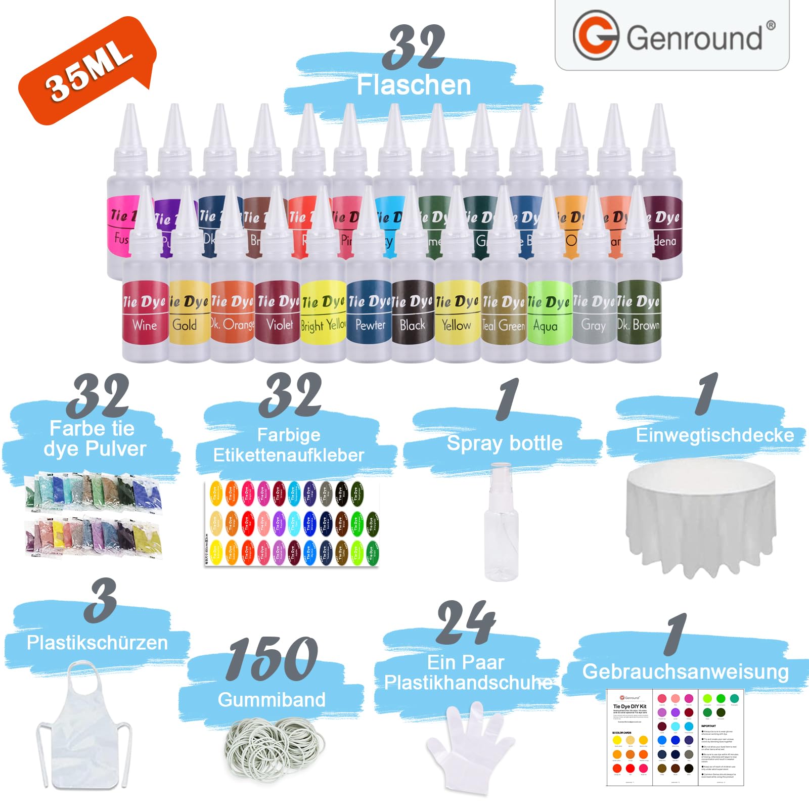 Batik-Kit, 32 Farben zum Färben von Stoff und Kleidung, kreative Bastelspiele Tie Dye Kit, Aktivitäten für Kinder und Erwachsene
