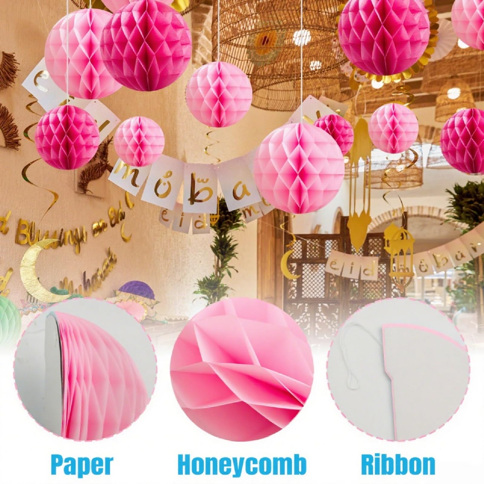 Lot De 12 Boules Nid D'Abeille Rose – 15 Cm, 20 Cm, 25 Cm – Décoration Mariage, Anniversaire, Baby Shower, Diplôme