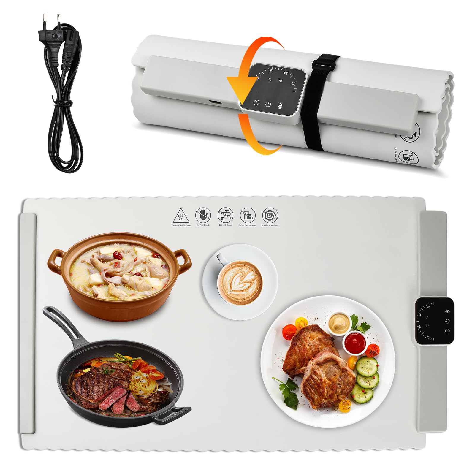 Bandeja Calentadora Eléctrica, Calentador de Alimentos de Silicona, Placa Calentadora de Alimentos Plegable con Temperatura Ajustable, Bandeja de Calentamiento de Alimentos para Familia
