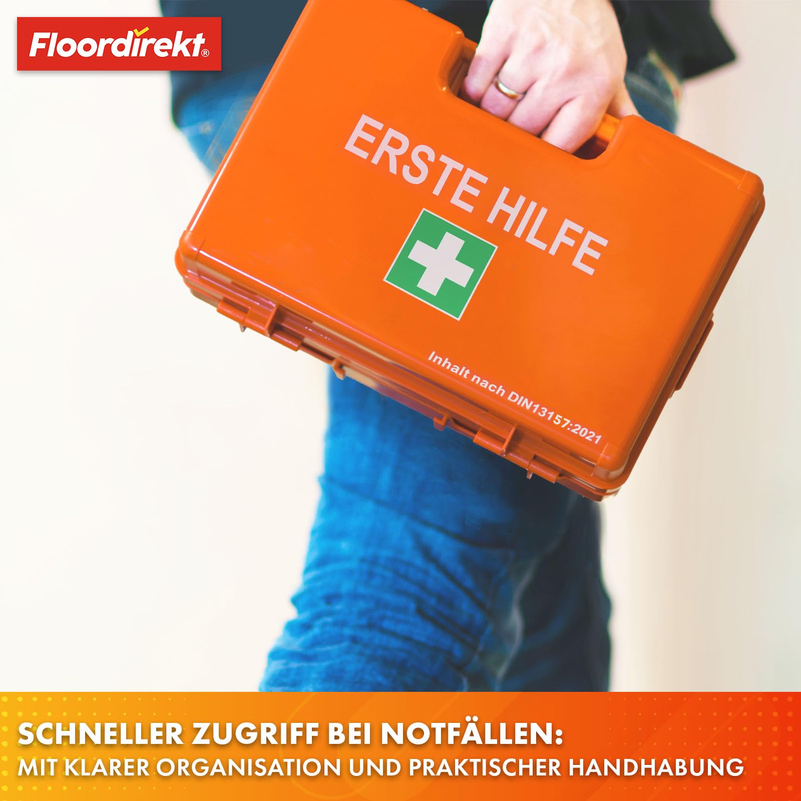 Floordirekt Erste Hilfe Koffer für Betriebe DIN 13157:2021 gefüllt inkl. Wandhalterung | 1 Hilfe Verbandkasten Set für Zuhause, Büros und Gastro, Notfallbox bis 50 Mitarbeiter (28 x 20 x 11,5 cm)