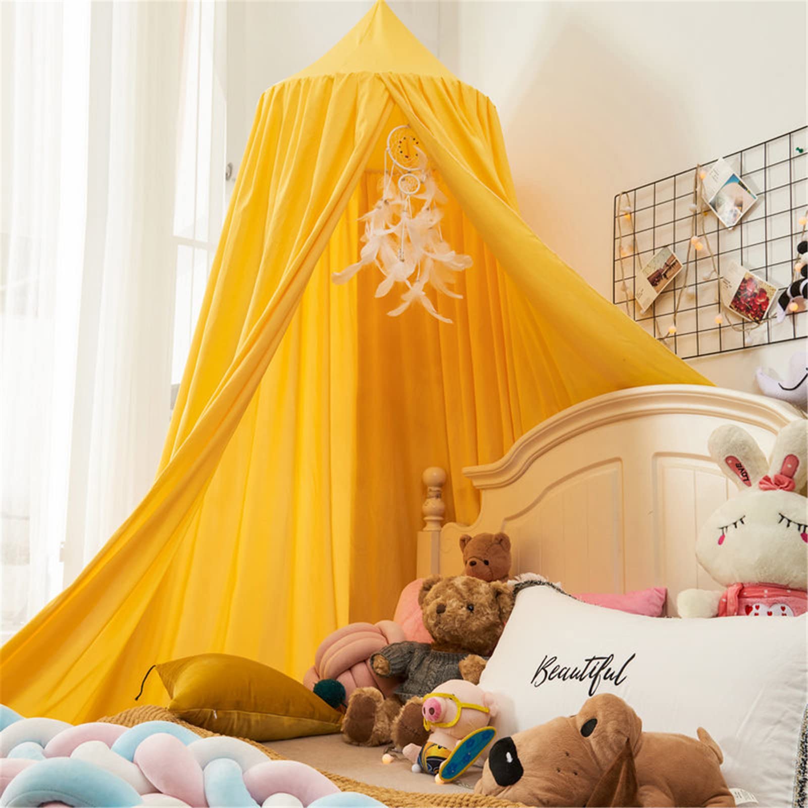 Baldachin Betthimmel Kinder Babybett Hängende Rund Princess Moskitonetz Insektennetz Gelb