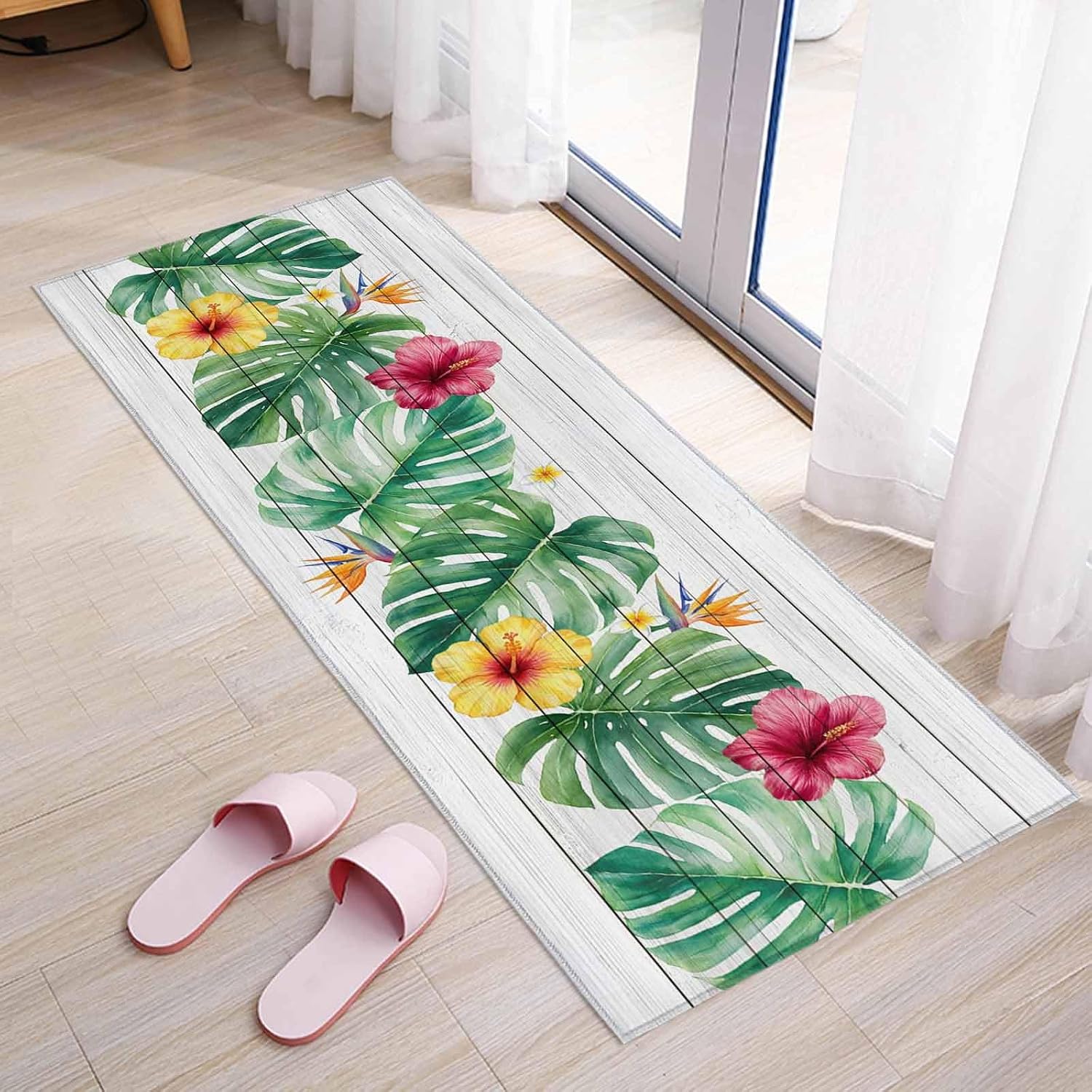 Kitchen Mats for Floor Green Monstera Yellow Pink Flower Washable Non Slip Kitchen Rugs 1PCS, Rustic Floral Leaf Wood Plank Absorbent Standing Mats for Sink Bathroom Office Living Room 23.6x70.9in