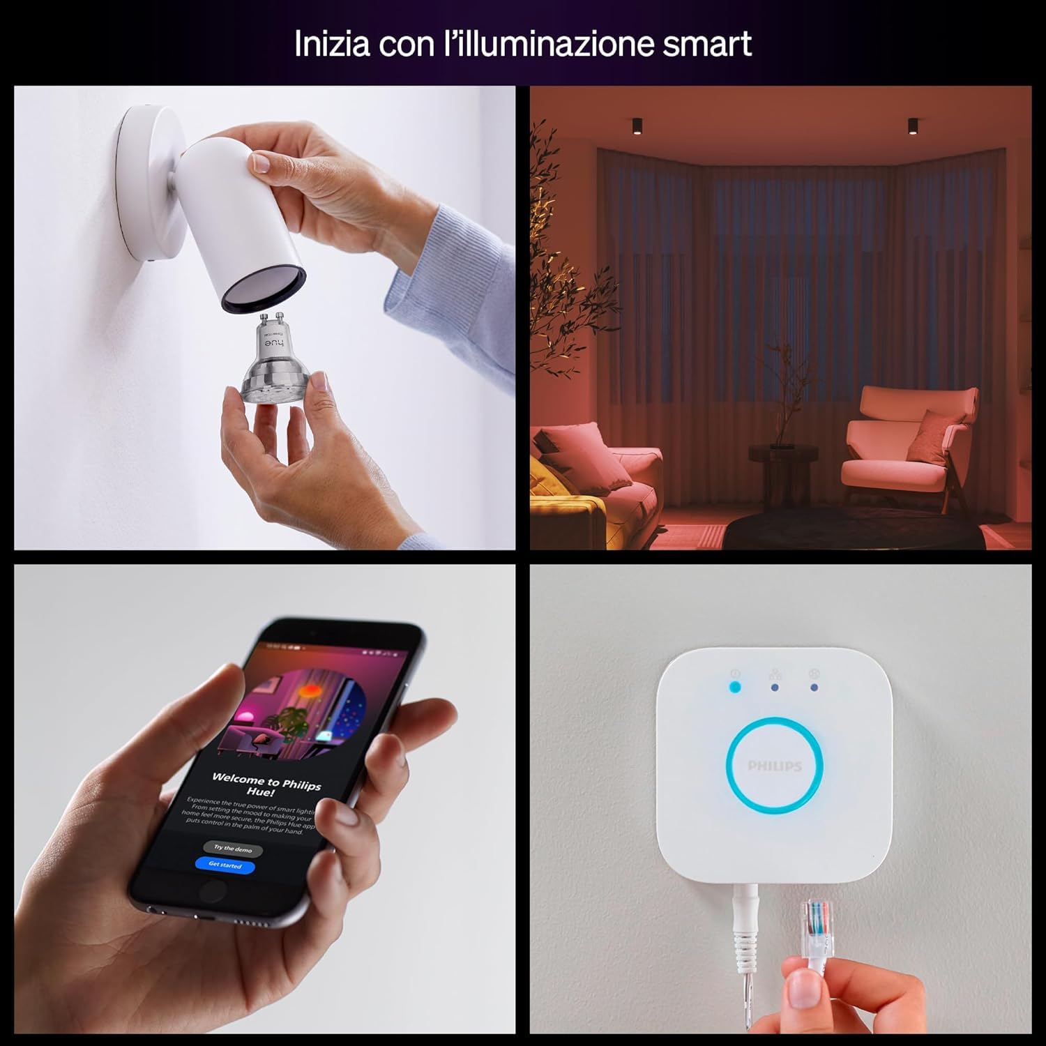Philips Hue Essential Starter Kit, Con Bridge, 3 lampadine smart GU10 e Smart button, Lampadine intelligenti con luce bianca e colorata, Luci led compatibili con Alexa, Google Assistant e Apple Home