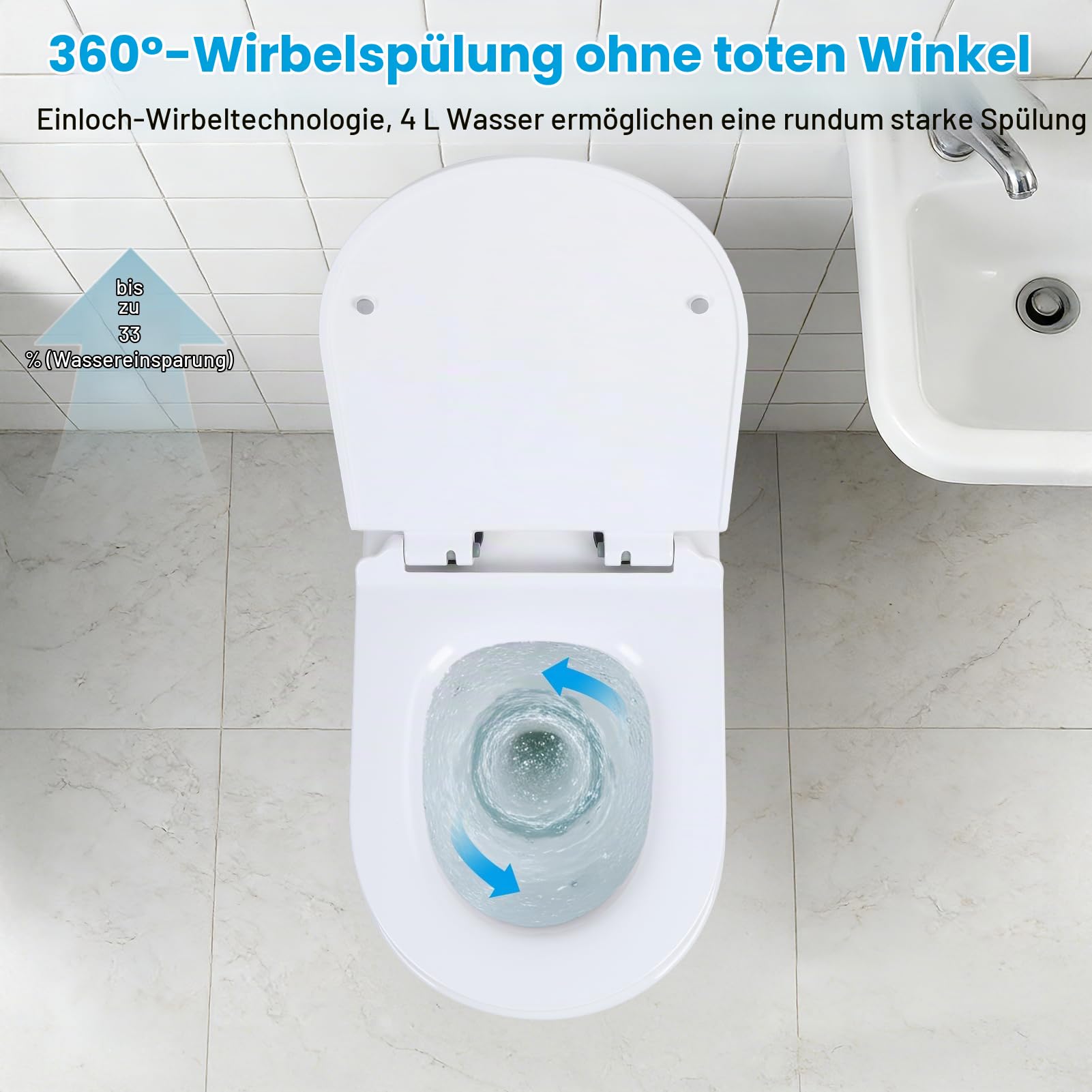 Wand WC Spülrandlos Hängend mit Softclose Sitz, Hänge WC Keramik 4L 360 Grad Wirbelspülung, Tiefspüler mit Absenkautomatik, platzsparende wandhängende Toilette 52,5 x 36 x 35 cm, 300 kg (Weiß)