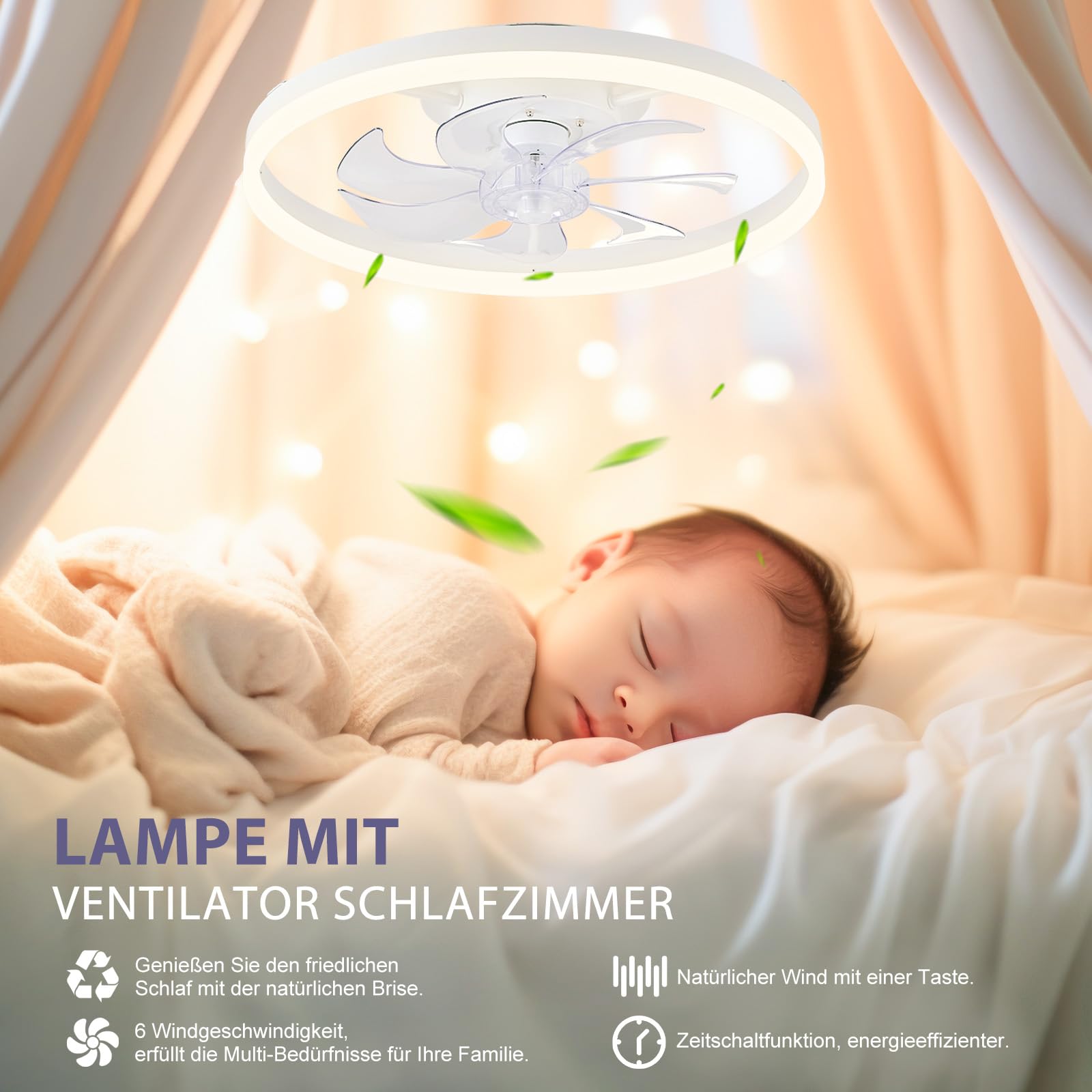 LES FLEURS Deckenventilator mit Beleuchtung, 50cm Smart-LED-Deckenleuchte mit Ventilator, Dimmbare Deckenventilatoren mit Beleuchtung Fernbedienung, für Wohnzimmer und Schlafzimmer (Weiße)