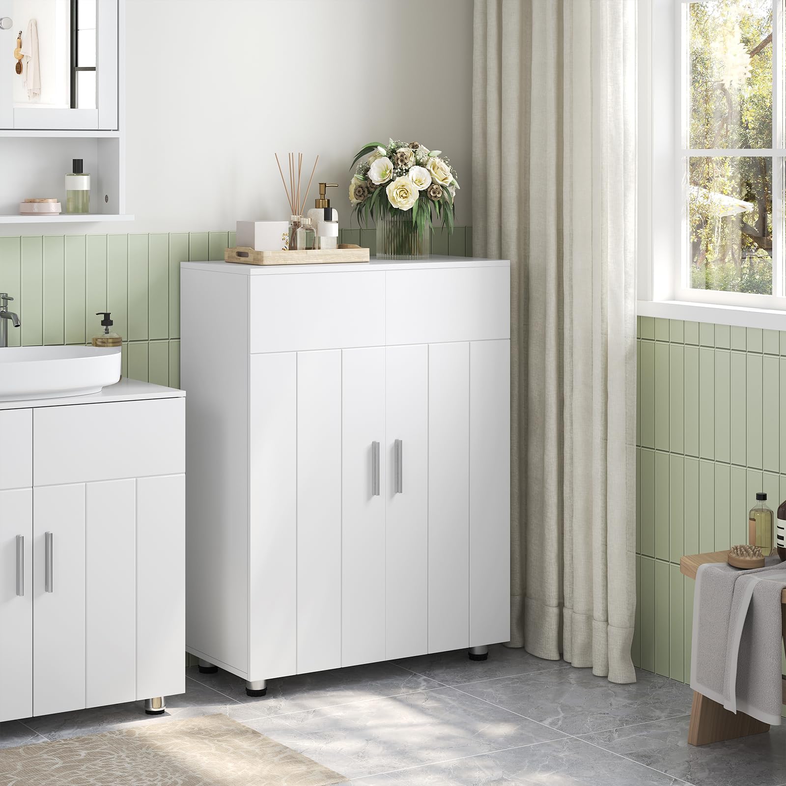 EUGAD Armario de Baño con 2 Puertas, Mueble Auxiliar con 2 Estantes, Armario Columna de Suelo para Cocina y Salón, Blanco, MDF, 60x30x82 cm