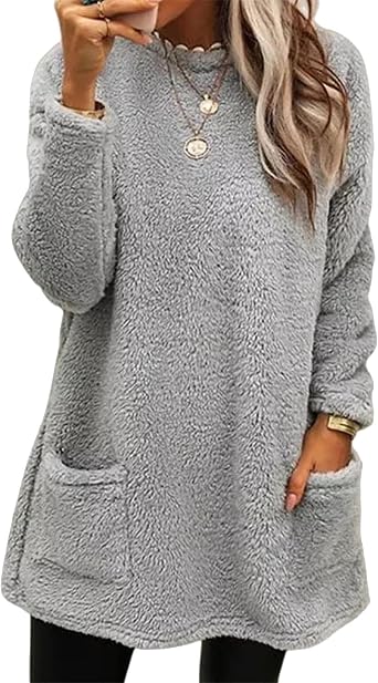 IVERIRMIN Womens Sherpa Fleece Pullover Plus Size Crewneck Fluffy Sweatshirts Winter Warm Loungewear Tops with Pockets