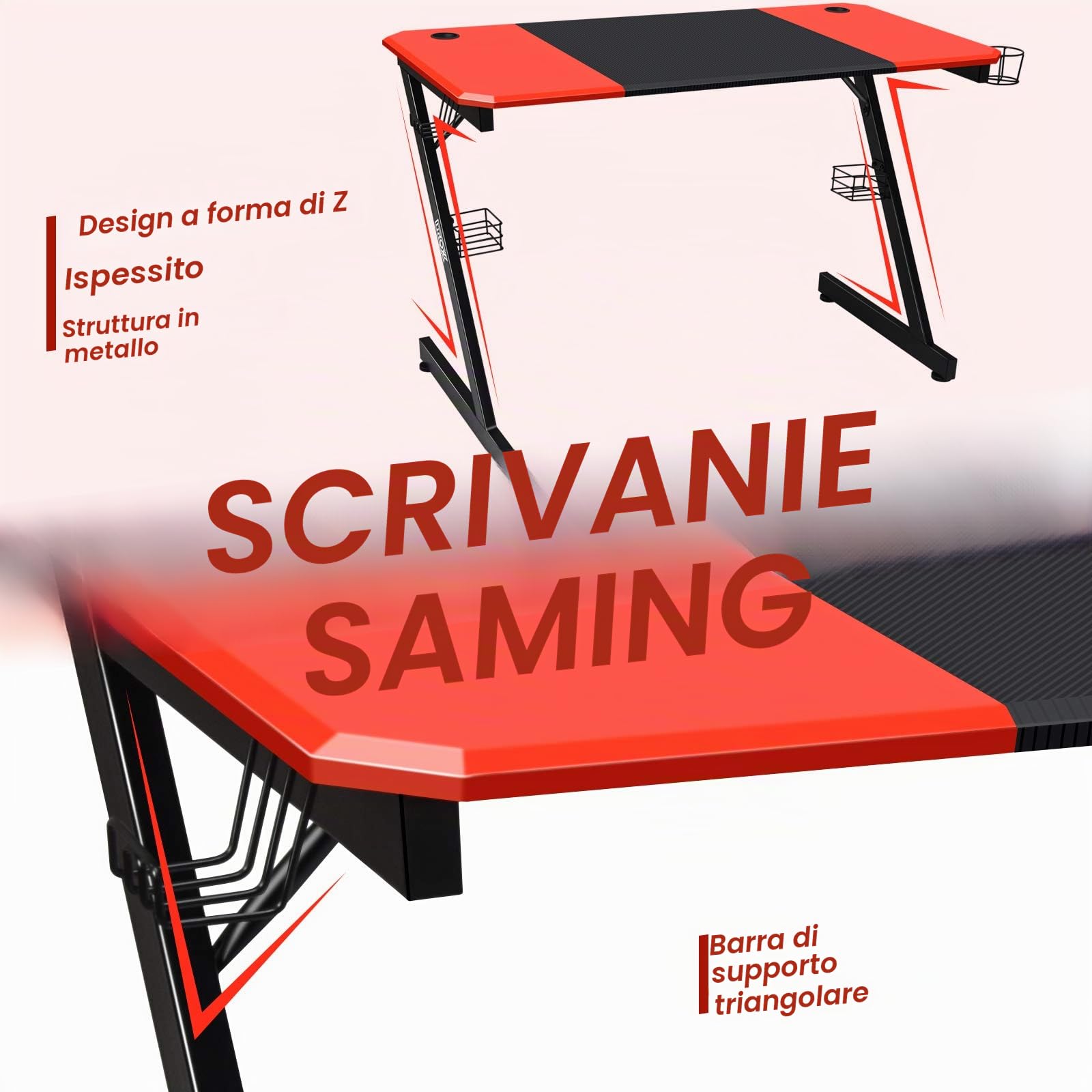 GIANTEX Scrivania Gaming a forma di Z, Scrivania Grande 120x60x76 cm, Scrivania da Gioco con Supporto per Bevande, Tavolo per Gaming o Computer, Ergonomica, Nero+Rosso