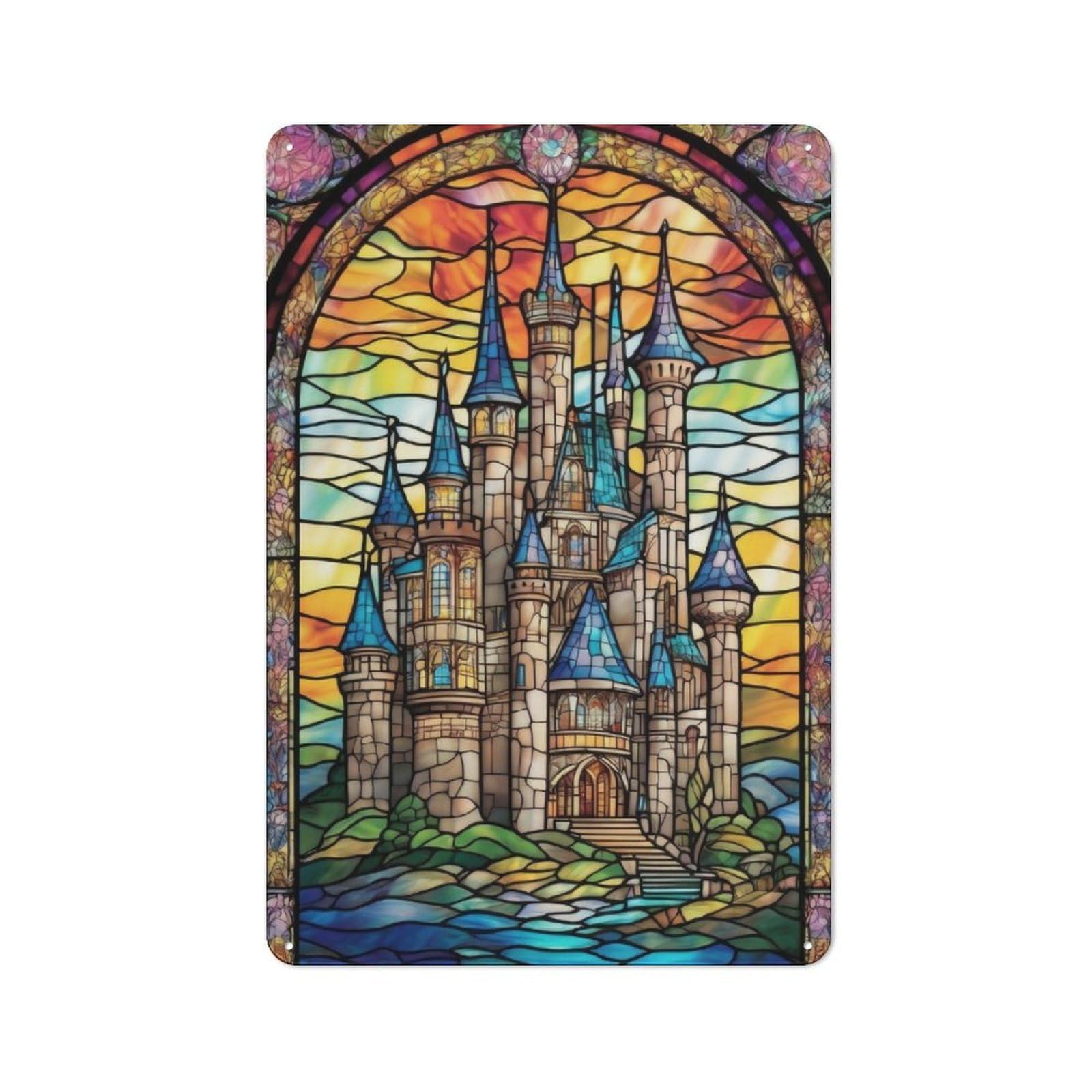 Junmoney Stained Glass Castles-1 Stained Glass Castles Retro Metal Plaque 30X20cm For Bar Or Restaurant, Suited To Restaurant Interior Fans