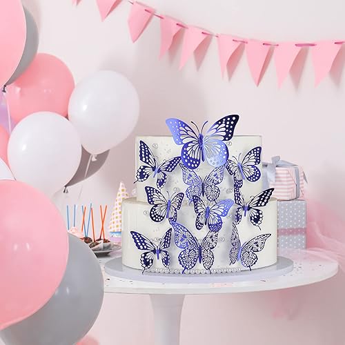 Miniatura 8 de Gyufise Paquete de 36 adornos de mariposa 3D azules para cupcakes de mariposa hueca para cumpleaños, boda, fiesta de hadas, mariposa, calcomanías de