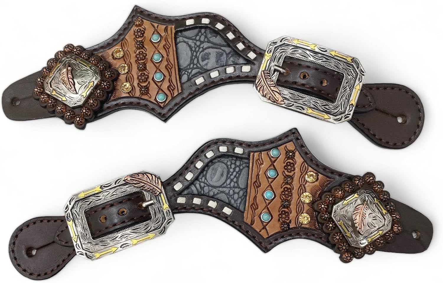 Western Women's Spur Strap Set with Alligator and Engraved Leather, Turquoise Rhinestones, Buck Stitching