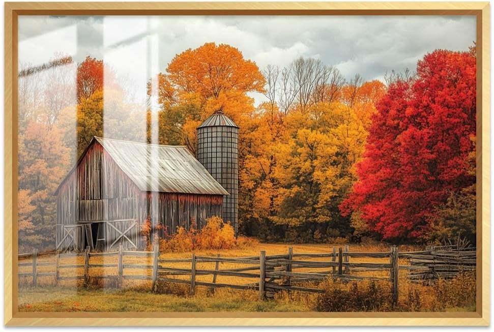 Yesad Yellow Barn Fall Canvas Wall Art, Autumn Room Décor