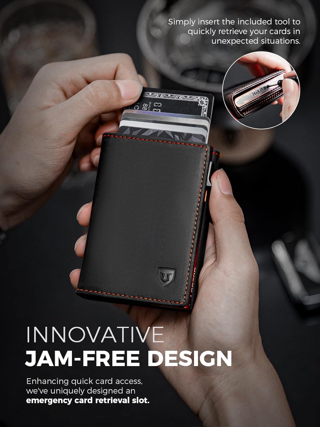 LORZOR Wallet for Men with Metal Card Holder, Pop Up Wallet, Finest Full Grain Leather Trifold Wallet, Smart, Minimalist, RFID Blocking, Front Pocket, ID Window, Black/Orange - Image 4