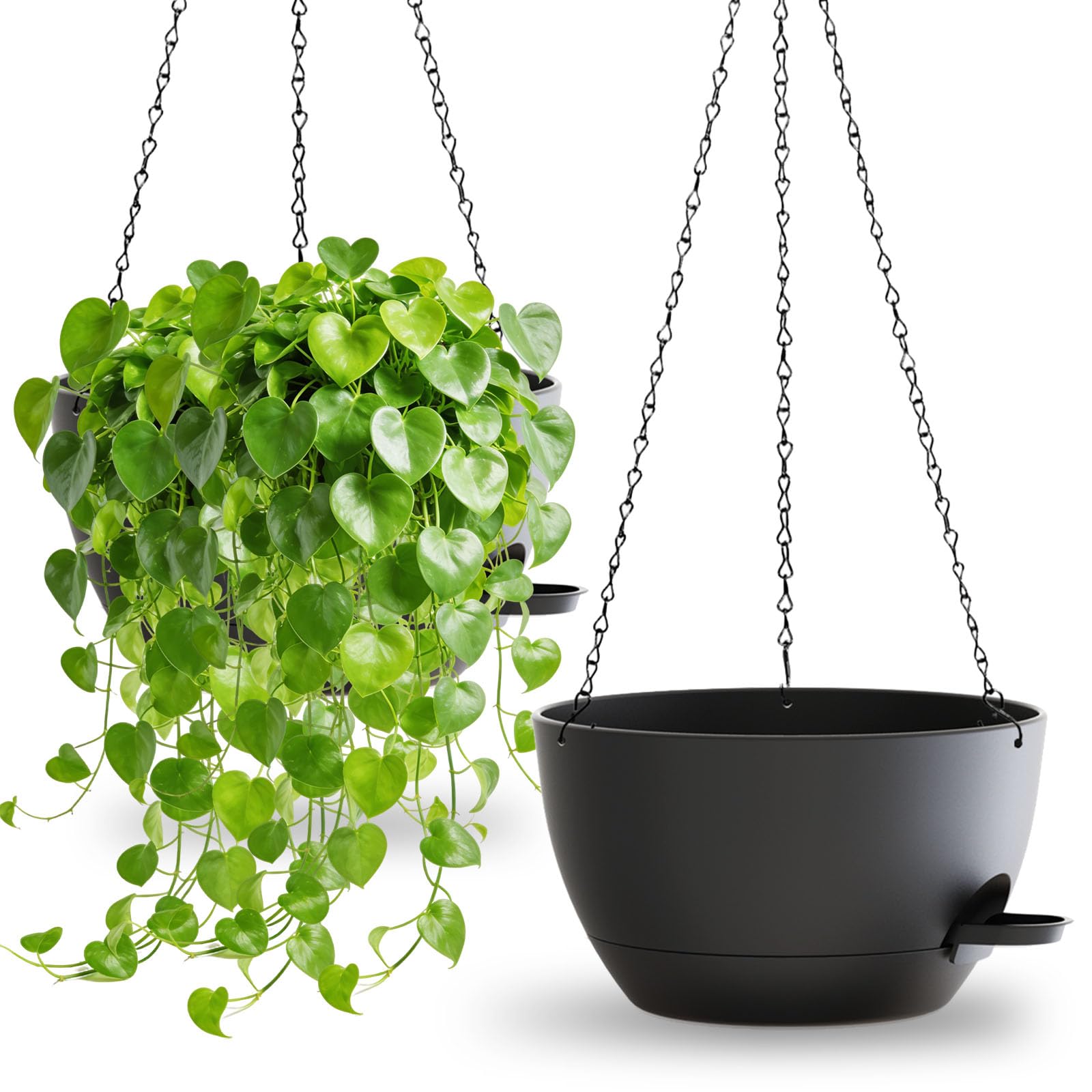 SQOKHT 30.48cm Hanging Planters for Indoor Outdoor Plants, 2 Pack Plastic Self Watering Hanging Baskets with Drainage Holes and Chain for Garden Porch (Black)
