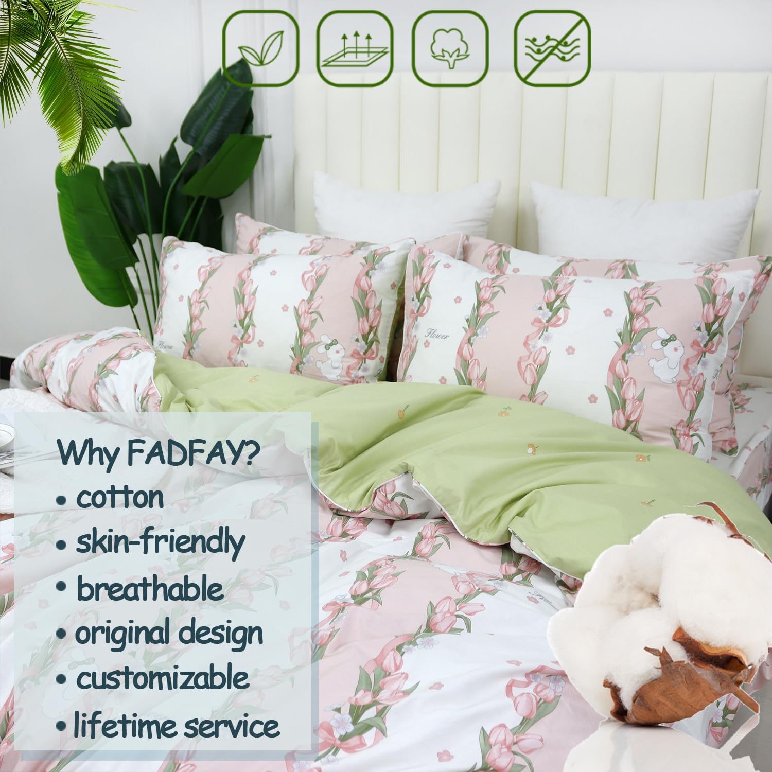 FADFAY Pink Floral Duvet Cover Set Twin Size – 100% Cotton Shabby Vintage Country Bedding, Soft & Cozy Comforter Cover for All Seasons, 3 Pcs