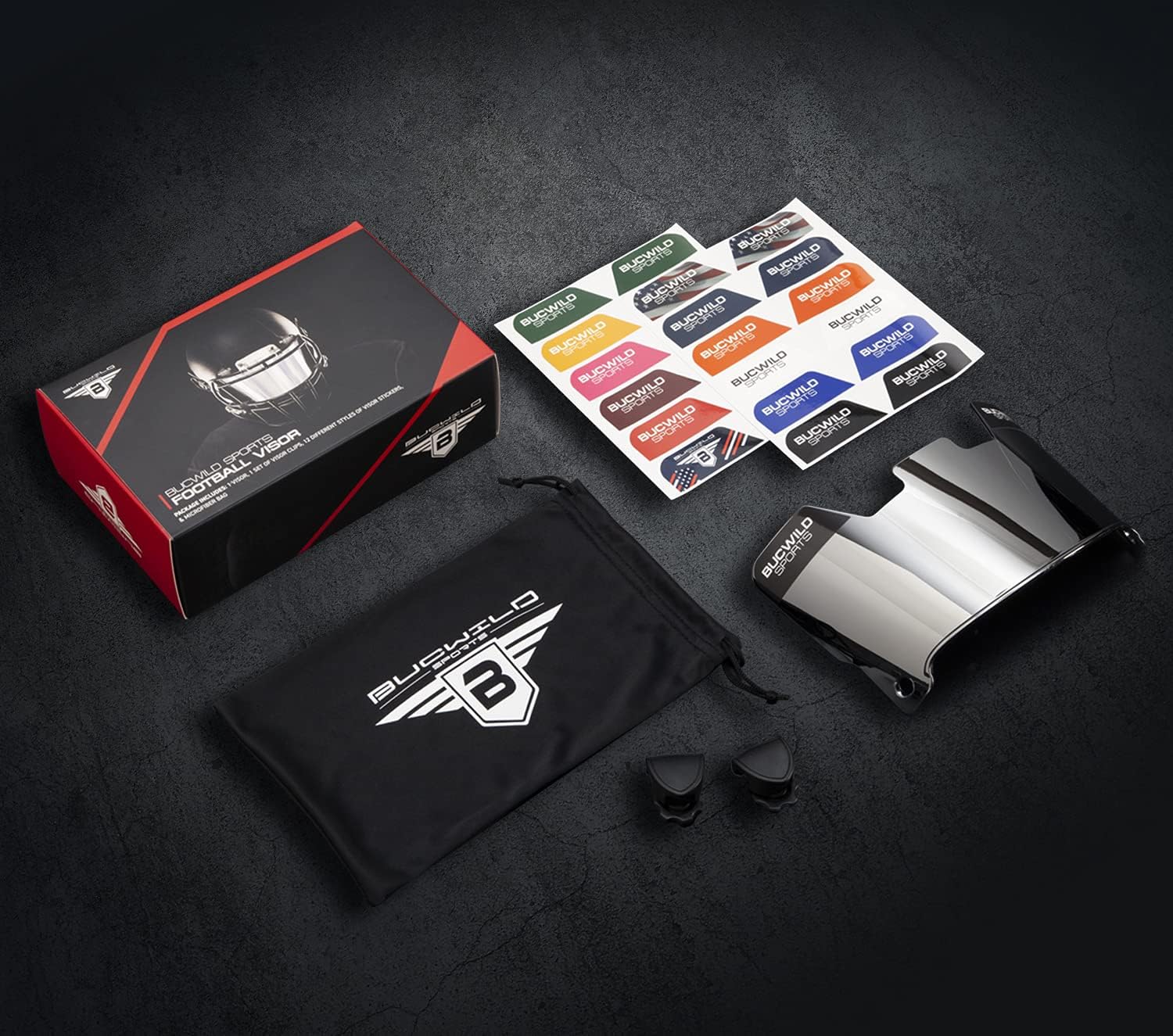 Bucwild Sports Football Visor Helmet Facemask Shield for Youth Kids - Adult Clear Black Chrome Gold Tinted Blue Red Includes Clips Stickers Microfiber Cloth Bag : Sports & Outdoors