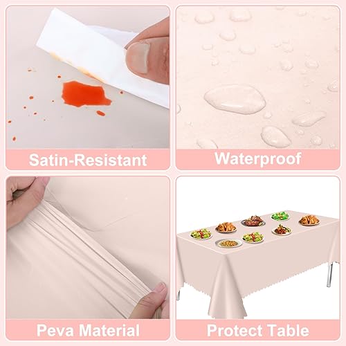 Miniatura 4 de Paquete de 6 manteles de plástico rosa claro, manteles de fiesta de 54 x 108 pulgadas, manteles festoneados rosas para mesas rectangulares, fundas