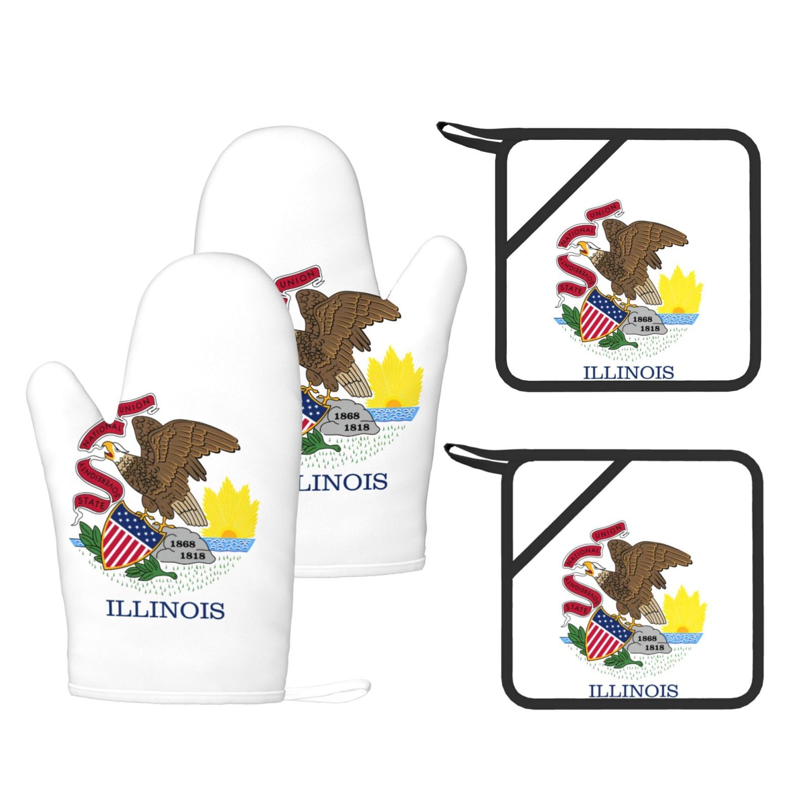 Illinois State Flag Printed Kitchen Oven Gloves and Potholder 4 Pcs, Non-Slip Heat Resistant Mitts for Baking Chef