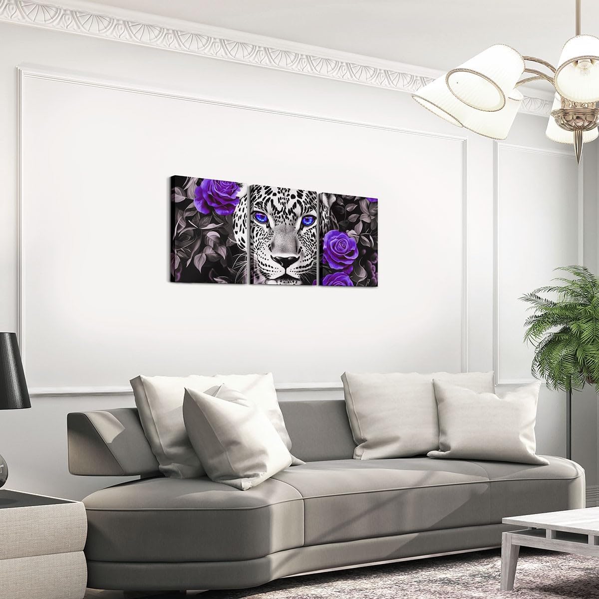 Cheetah Canvas Wall Art Set of 3,Purple Rose Framed Wall Art Black and White Grey Leopard Print Wall Decor Living Room,Western Animals Poster Prints Artwork for Walls Flowers Hang Pictures Home Decor