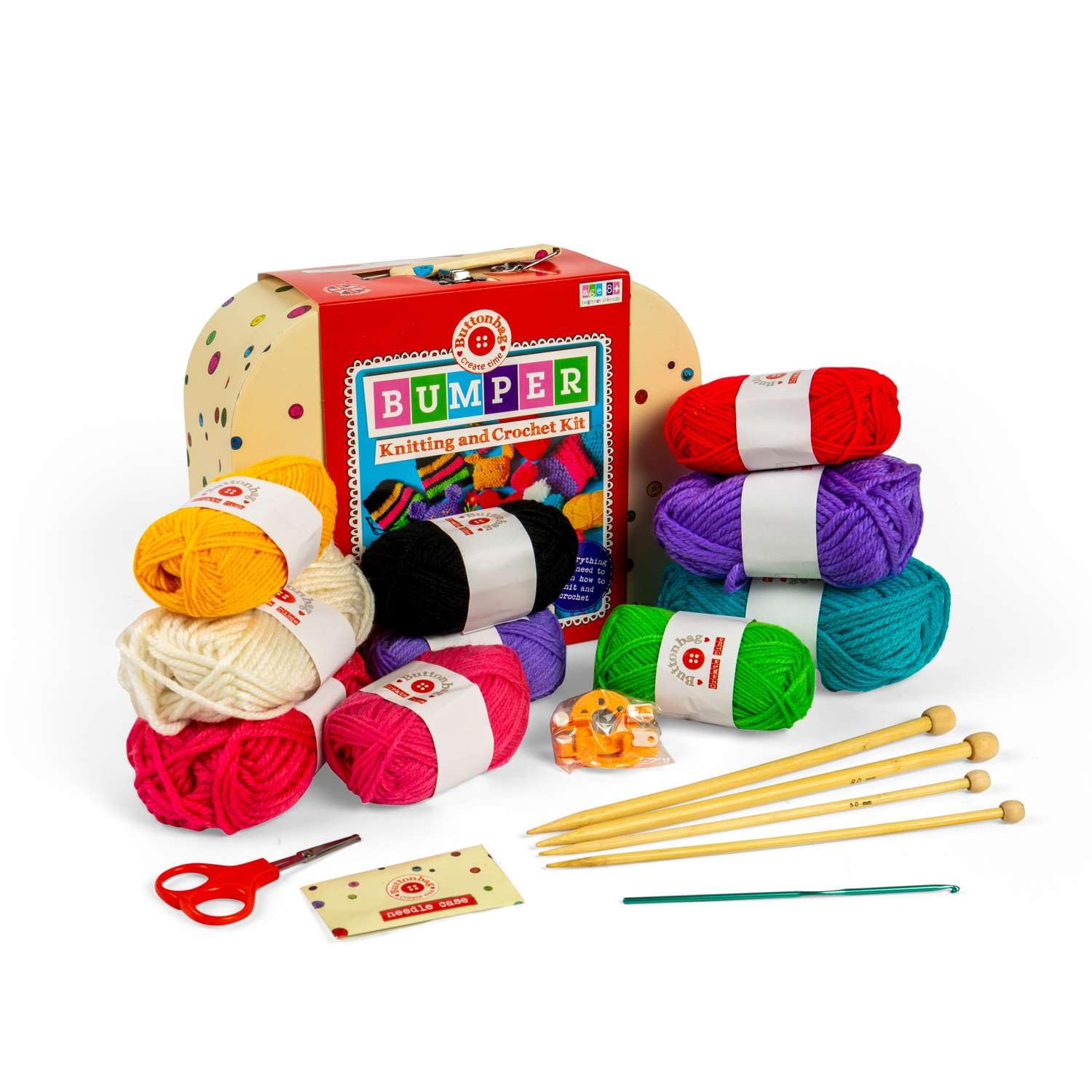 Buttonbag Multicoloured Bumper Knitting & Crochet Craft Kit Learn To Knit & Crochet - Kids Crafts Kit - Suitable For All Levels With Full Instructions - Childrens Craft Kit With Gift Suitcase