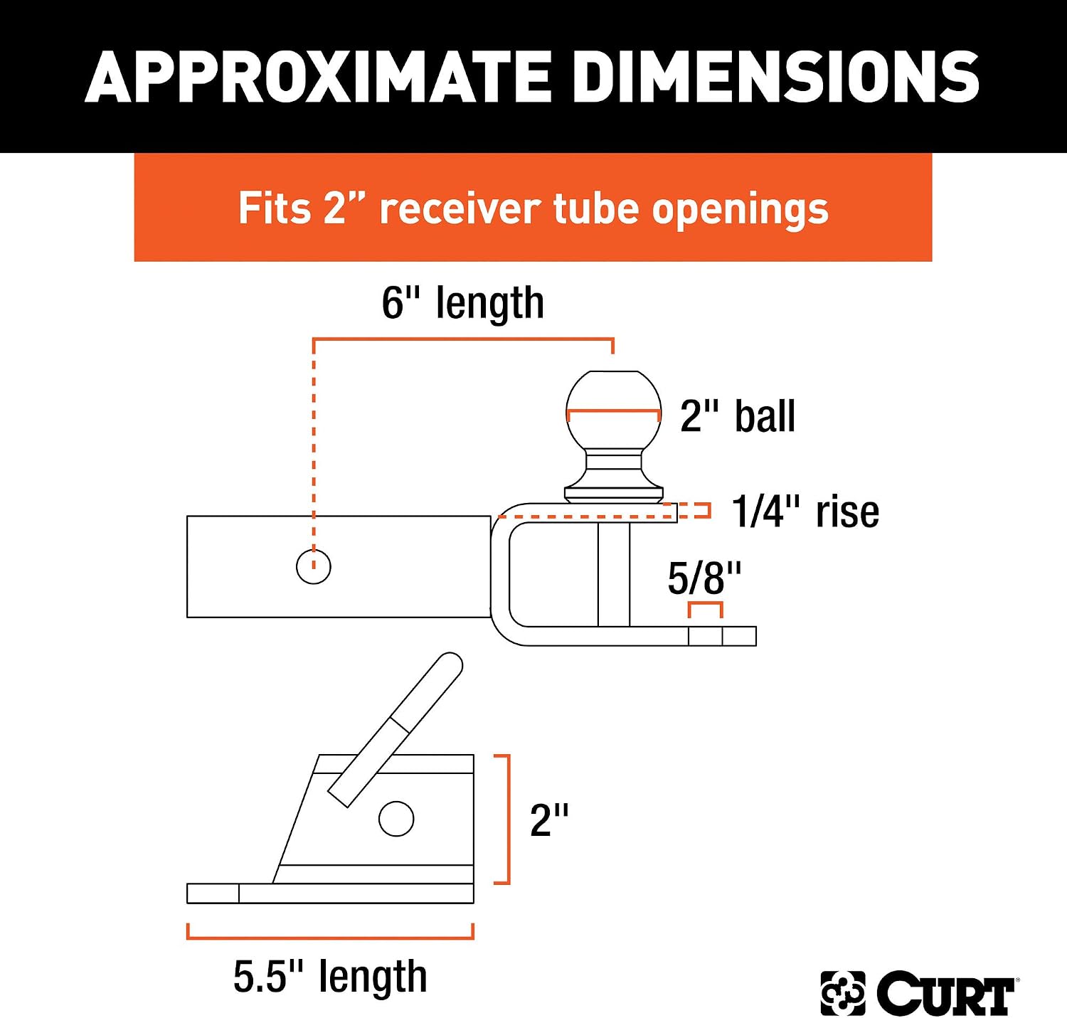CURT 45038 3-in-1 UTV, ATV Trailer Hitch Mount with 2-Inch Receiver Adapter, 2-Inch Ball, Clevis Pin, 5/8-Inch Hole, Gloss Black Powder Coat