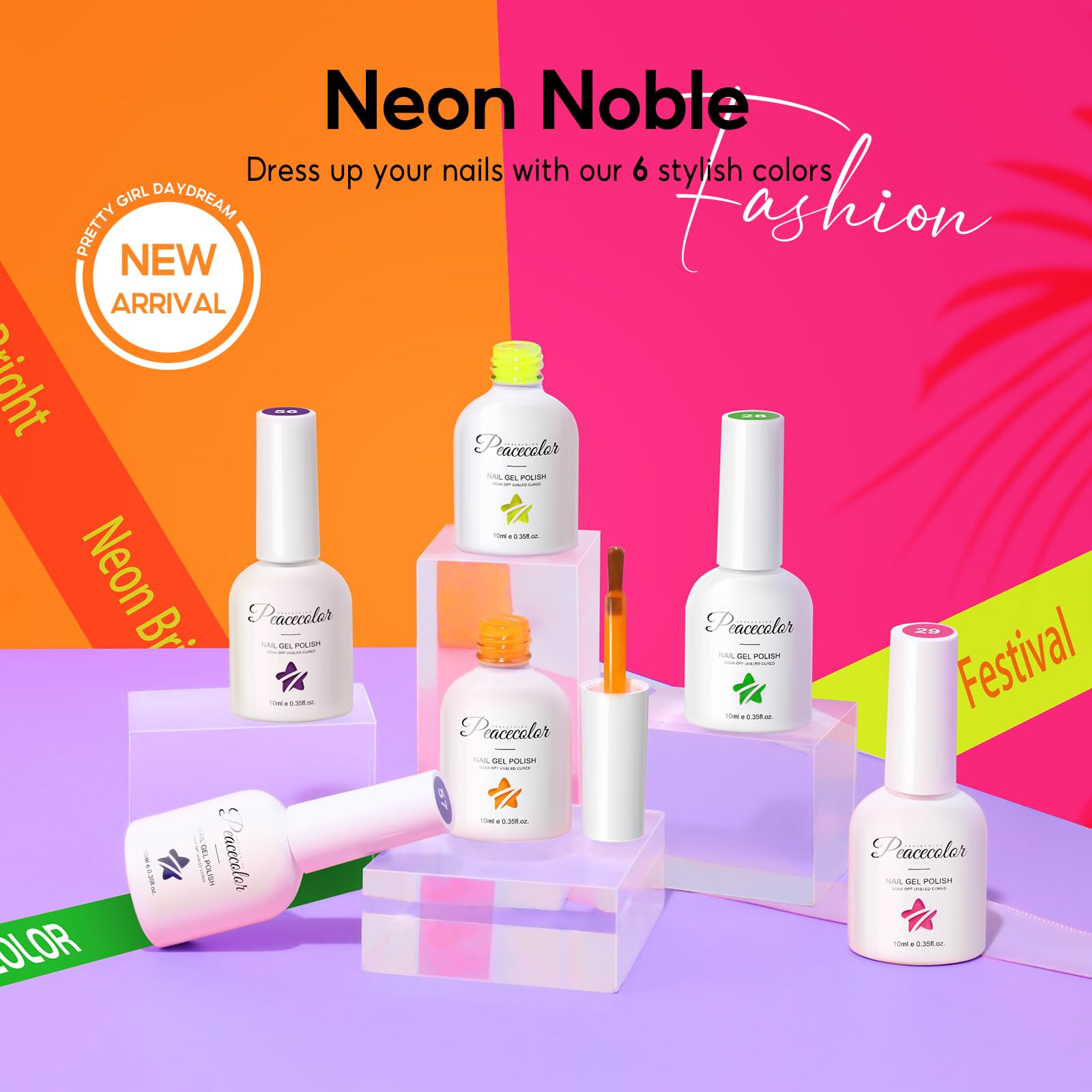 PEACECOLOR Vernis Semi Permanent Néon 10ML, 6 Couleurs Rose Orange Jaune Vert Bleu Pourpre Vernis Gel UV Semi Permanent Soak Off Gel Ongle Nail Art Manucure Cadeaux pour Femmes